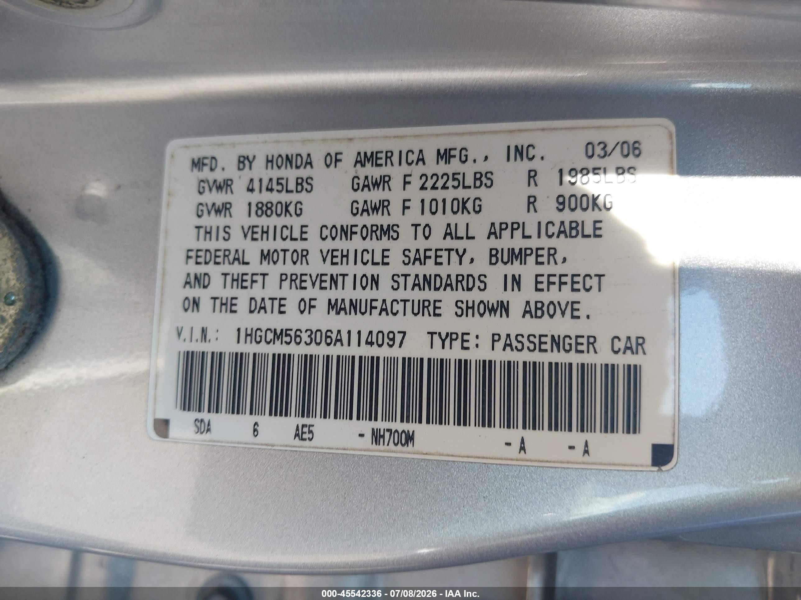 2006 Honda Accord 2.4 Se Silver vin: 1HGCM56306A114097