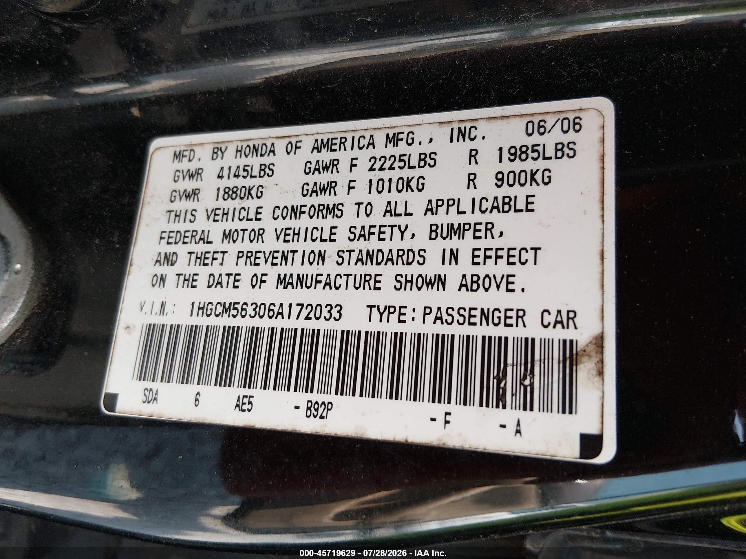 2006 Honda Accord 2.4 Se Black vin: 1HGCM56306A172033