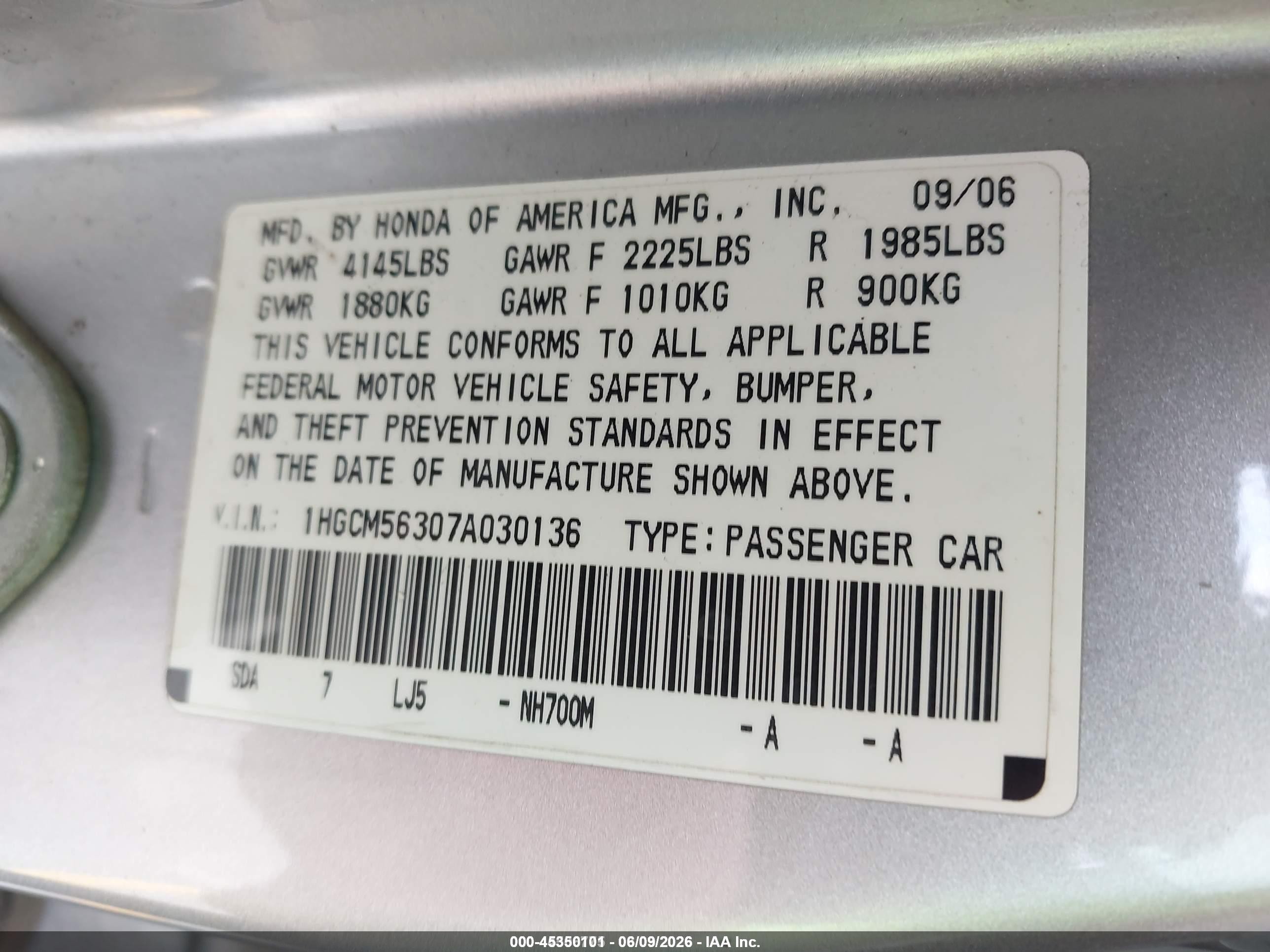 2007 Honda Accord 2.4 Se Silver vin: 1HGCM56307A030136