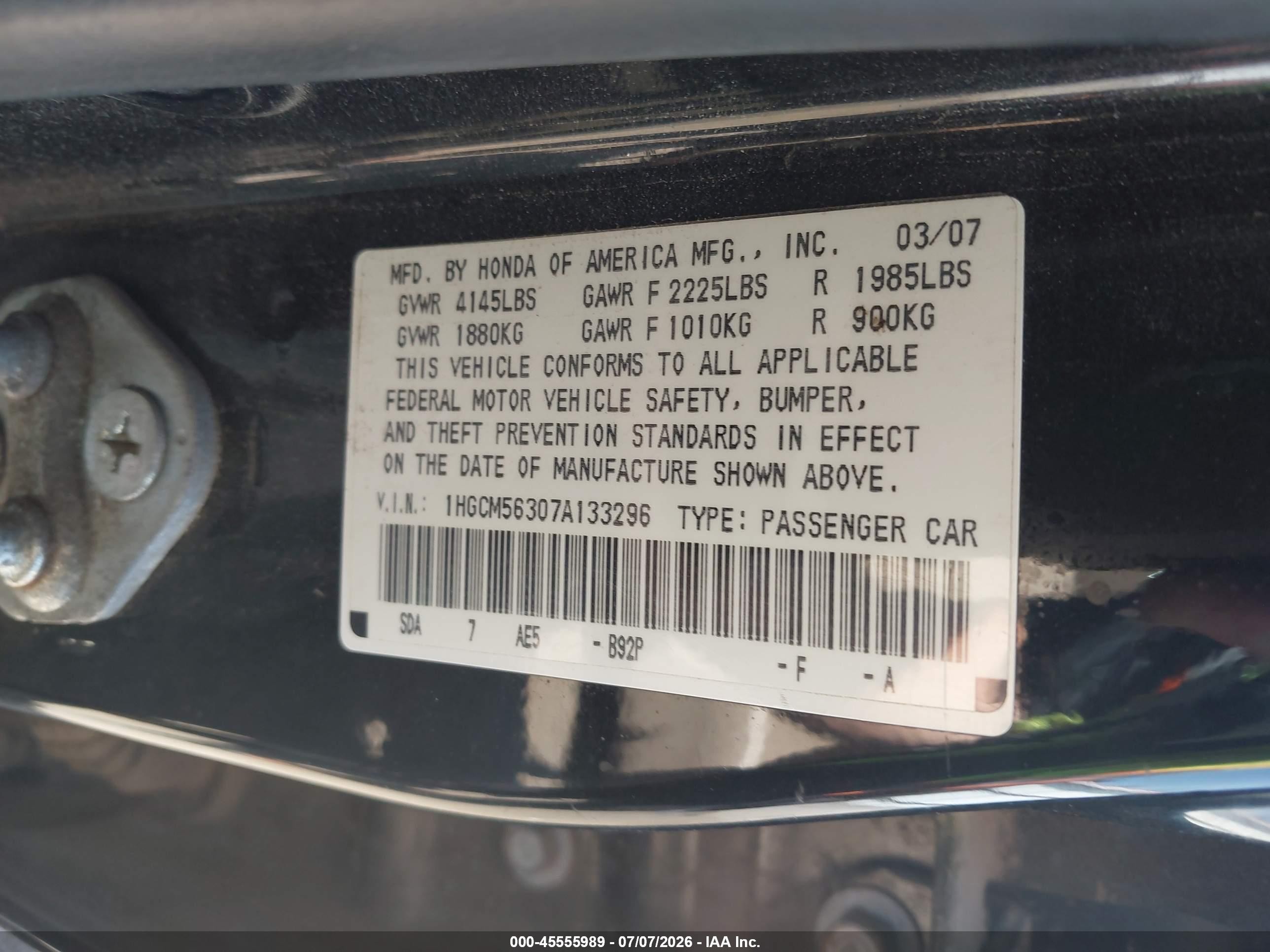 2007 Honda Accord 2.4 Se Черный vin: 1HGCM56307A133296