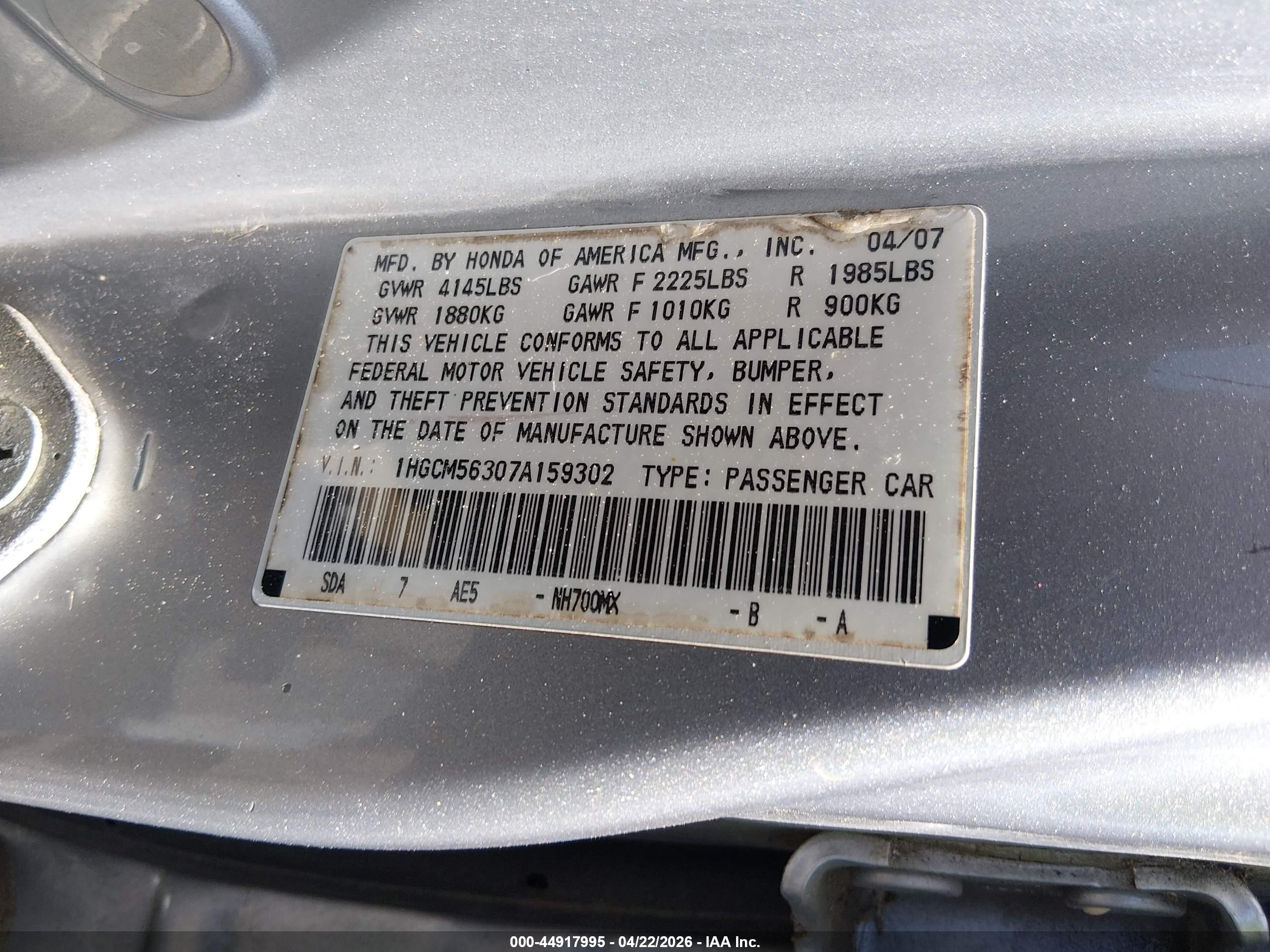 2007 Honda Accord 2.4 Se Silver vin: 1HGCM56307A159302