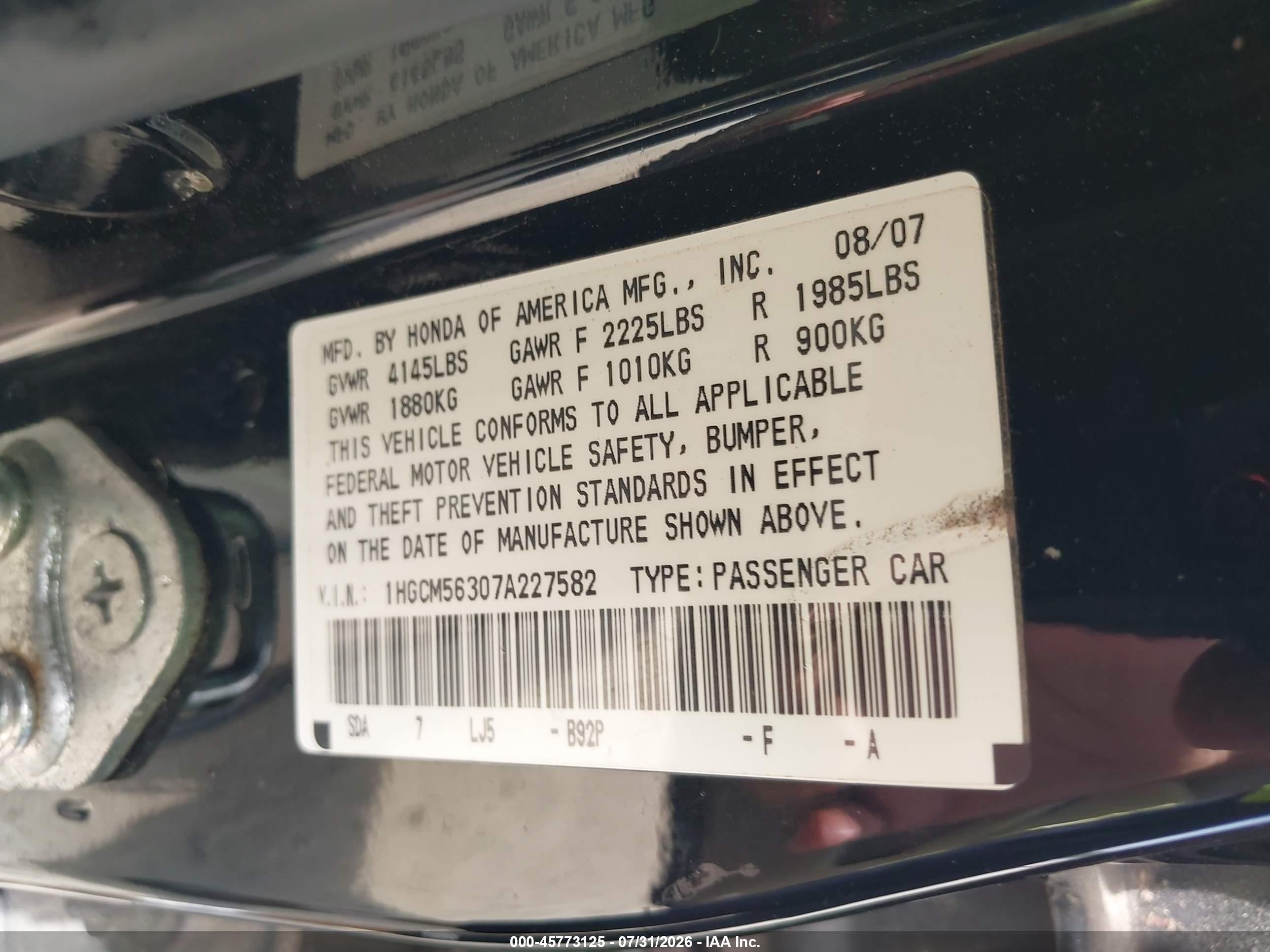 2007 Honda Accord 2.4 Se Черный vin: 1HGCM56307A227582