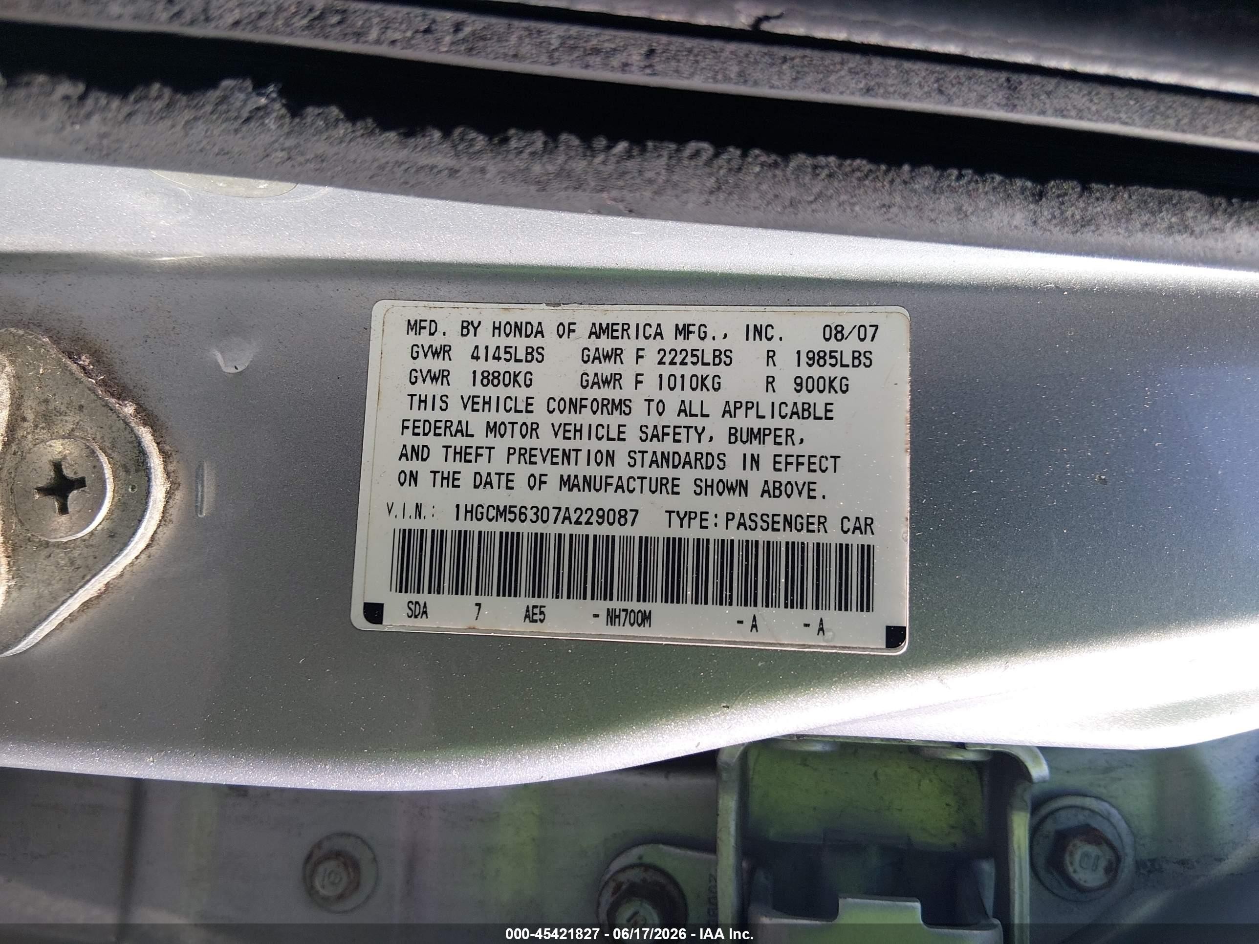 2007 Honda Accord 2.4 Se Gray vin: 1HGCM56307A229087