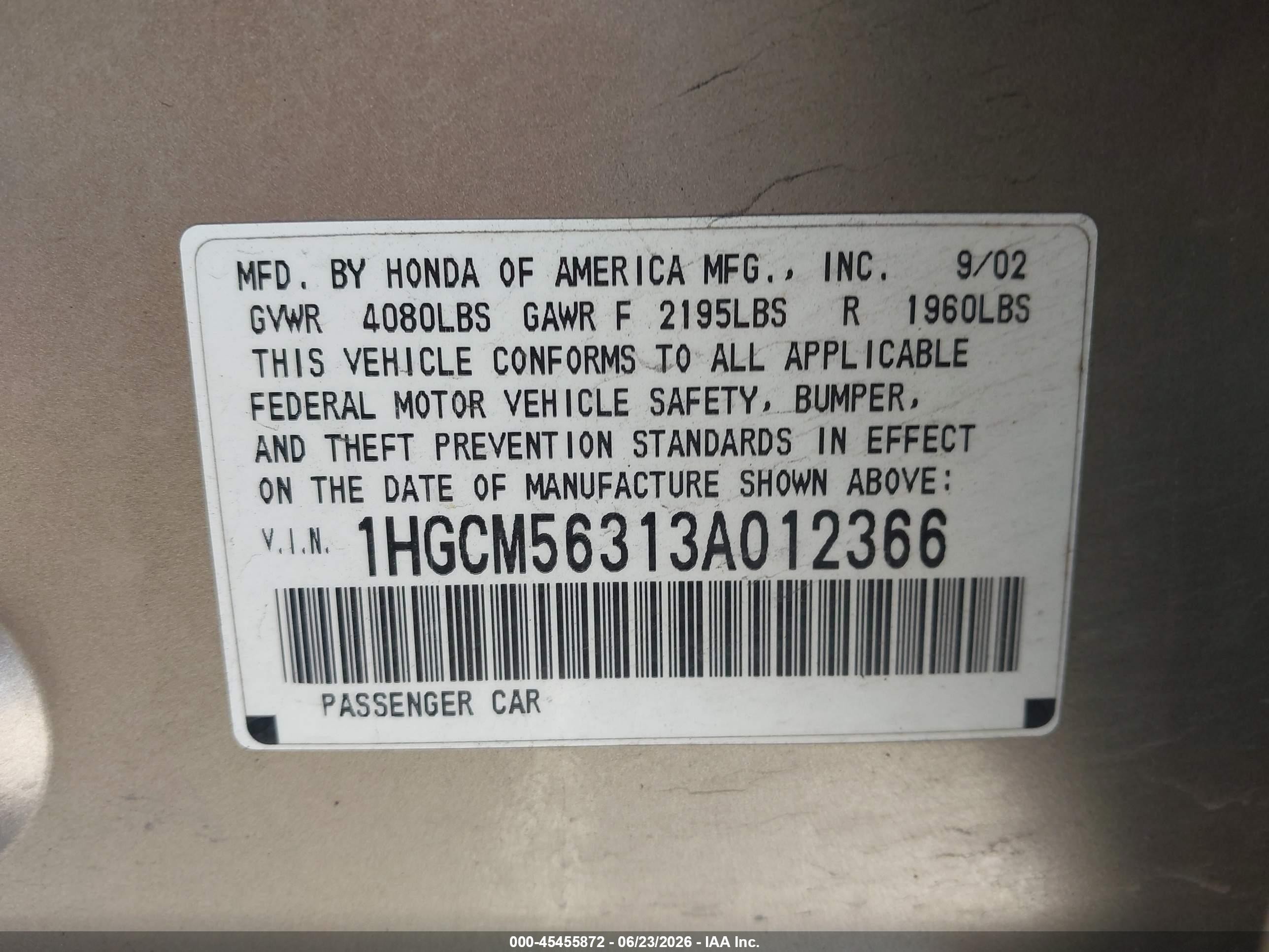 2003 Honda Accord Sdn Lx Cream vin: 1HGCM56313A012366