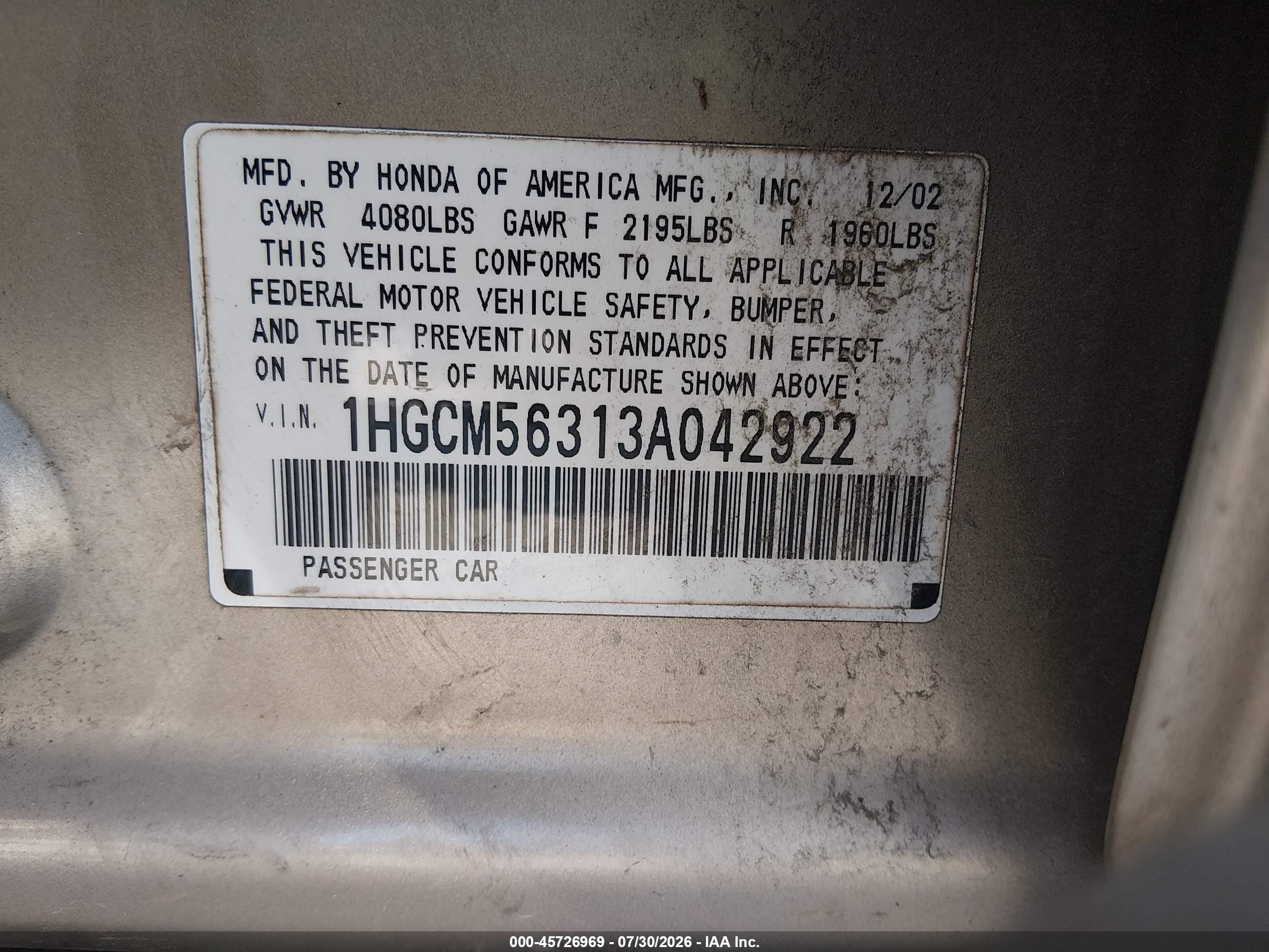 2003 Honda Accord 2.4 Lx Бежевый vin: 1HGCM56313A042922
