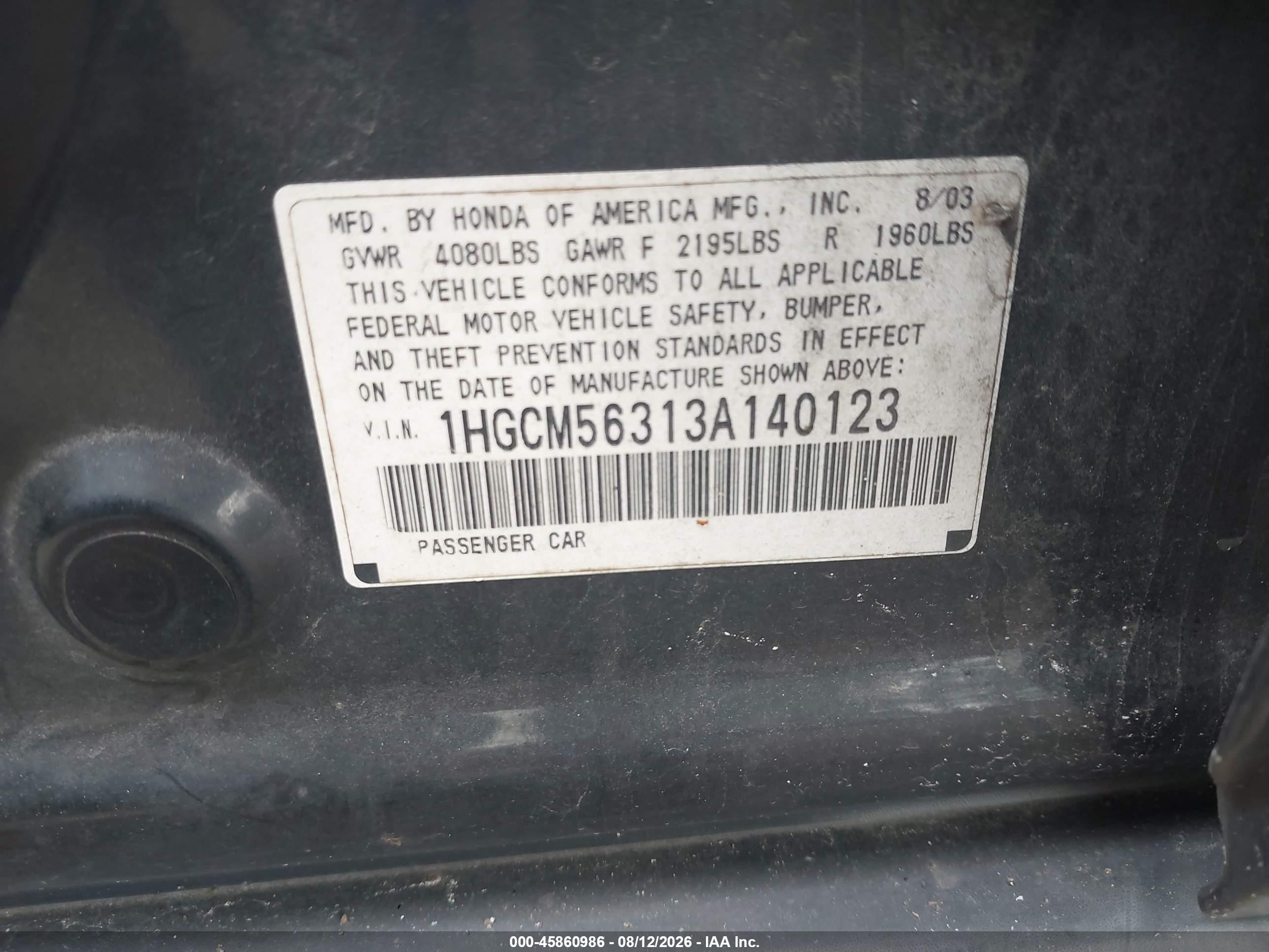 2003 Honda Accord 2.4 Lx Черный vin: 1HGCM56313A140123