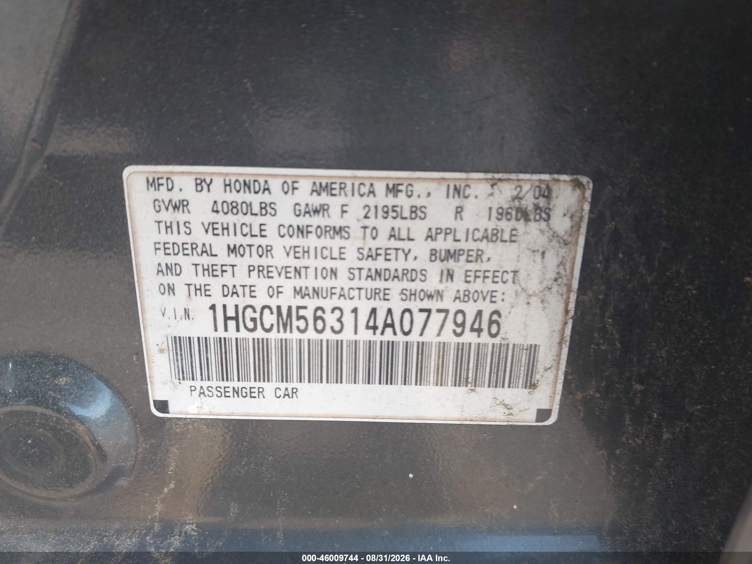2004 Honda Accord 2.4 Lx Черный vin: 1HGCM56314A077946