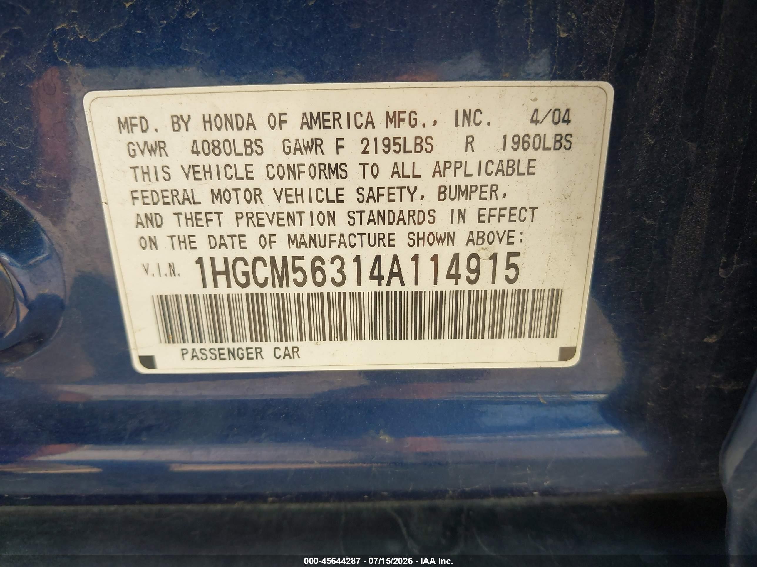 2004 Honda Accord 2.4 Lx Blue vin: 1HGCM56314A114915