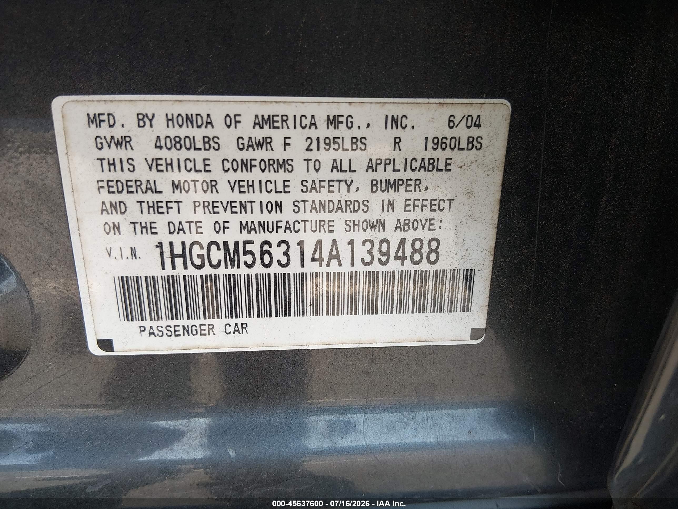 2004 Honda Accord 2.4 Lx Gray vin: 1HGCM56314A139488