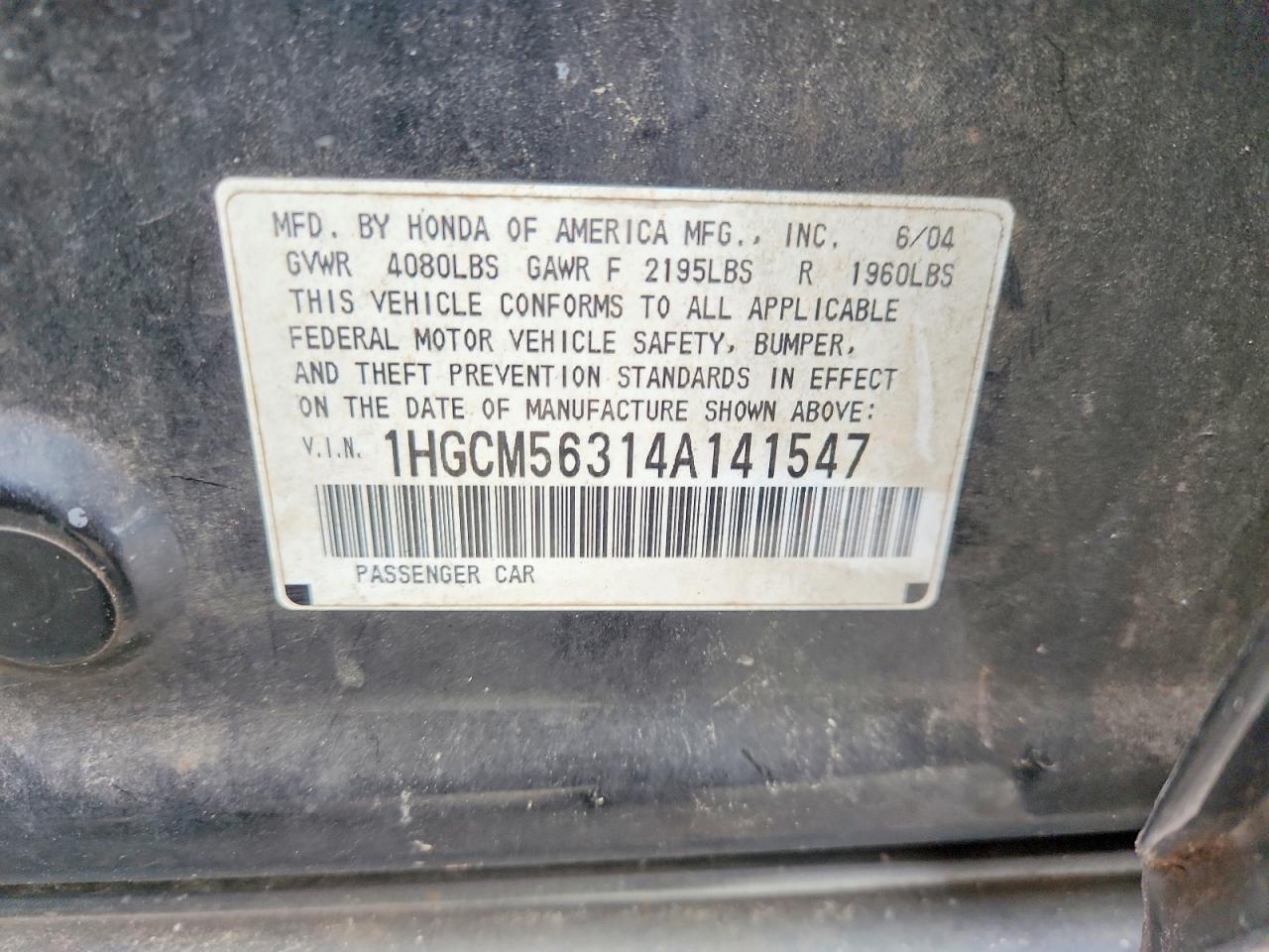 2004 Honda Accord Lx Черный vin: 1HGCM56314A141547