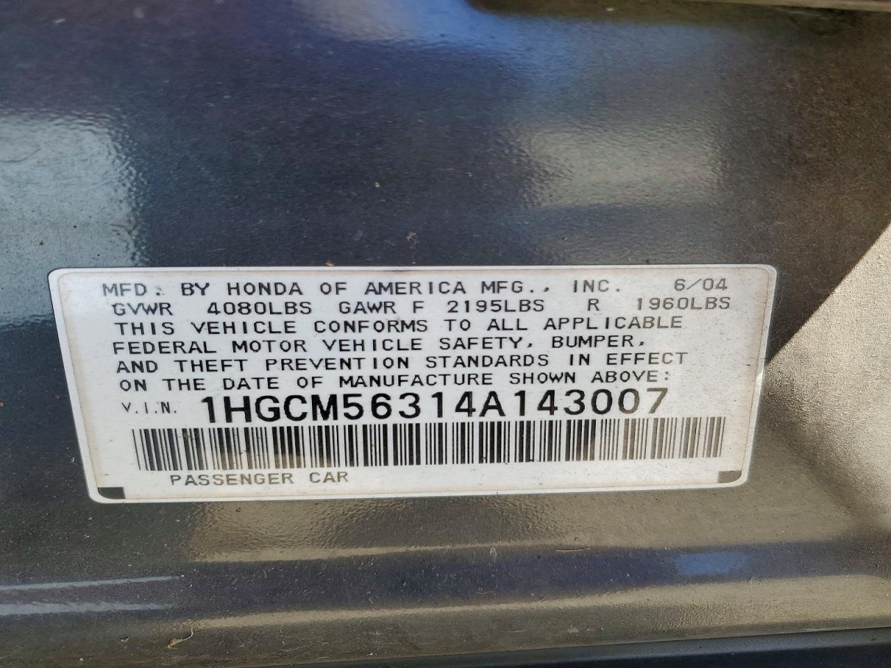 2004 Honda Accord Lx Gray vin: 1HGCM56314A143007