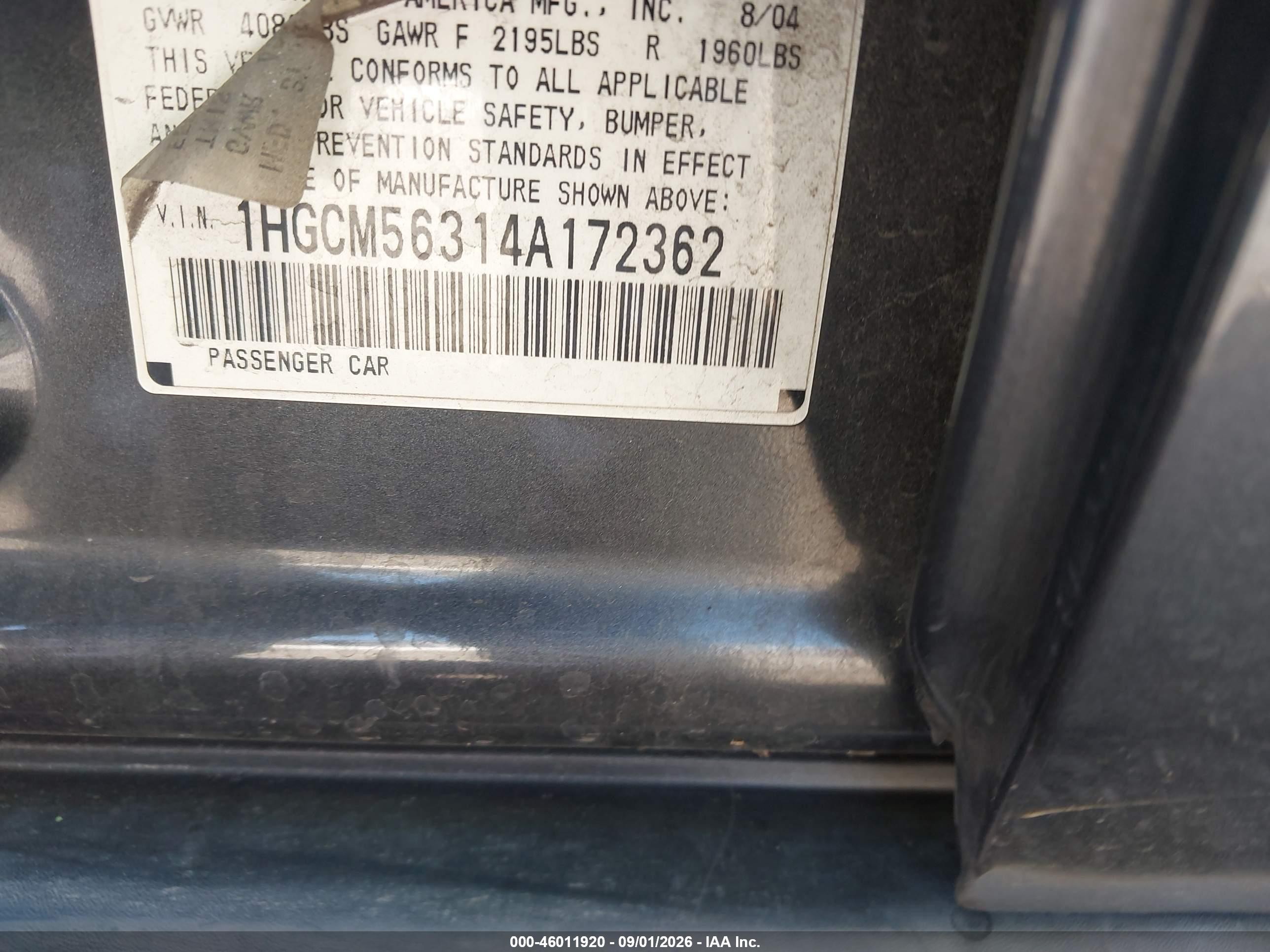 2004 Honda Accord 2.4 Lx Gray vin: 1HGCM56314A172362