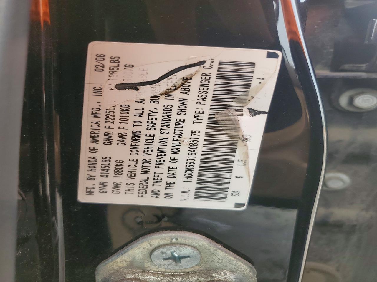 2006 Honda Accord Blue vin: 1HGCM56316A085175