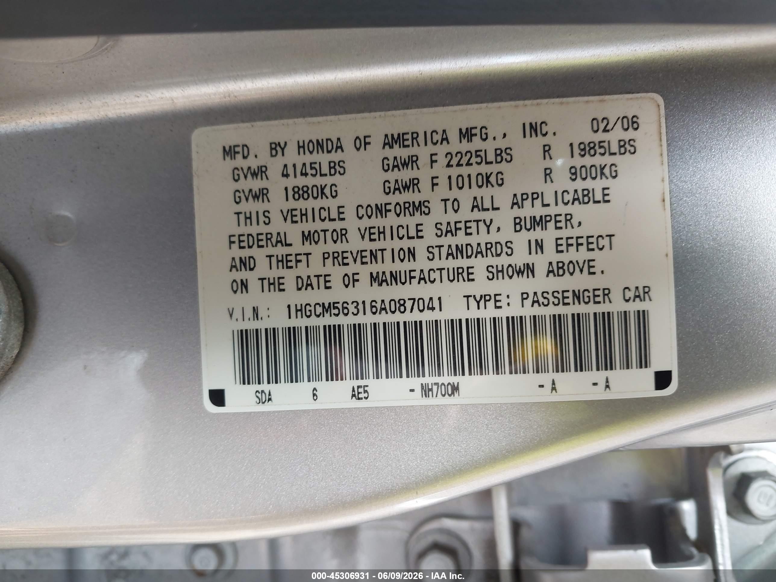 2006 Honda Accord 2.4 Se Silver vin: 1HGCM56316A087041