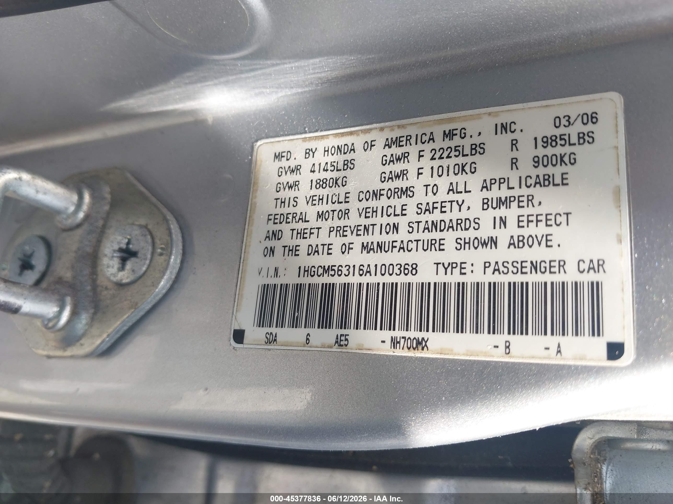 2006 Honda Accord 2.4 Se Silver vin: 1HGCM56316A100368