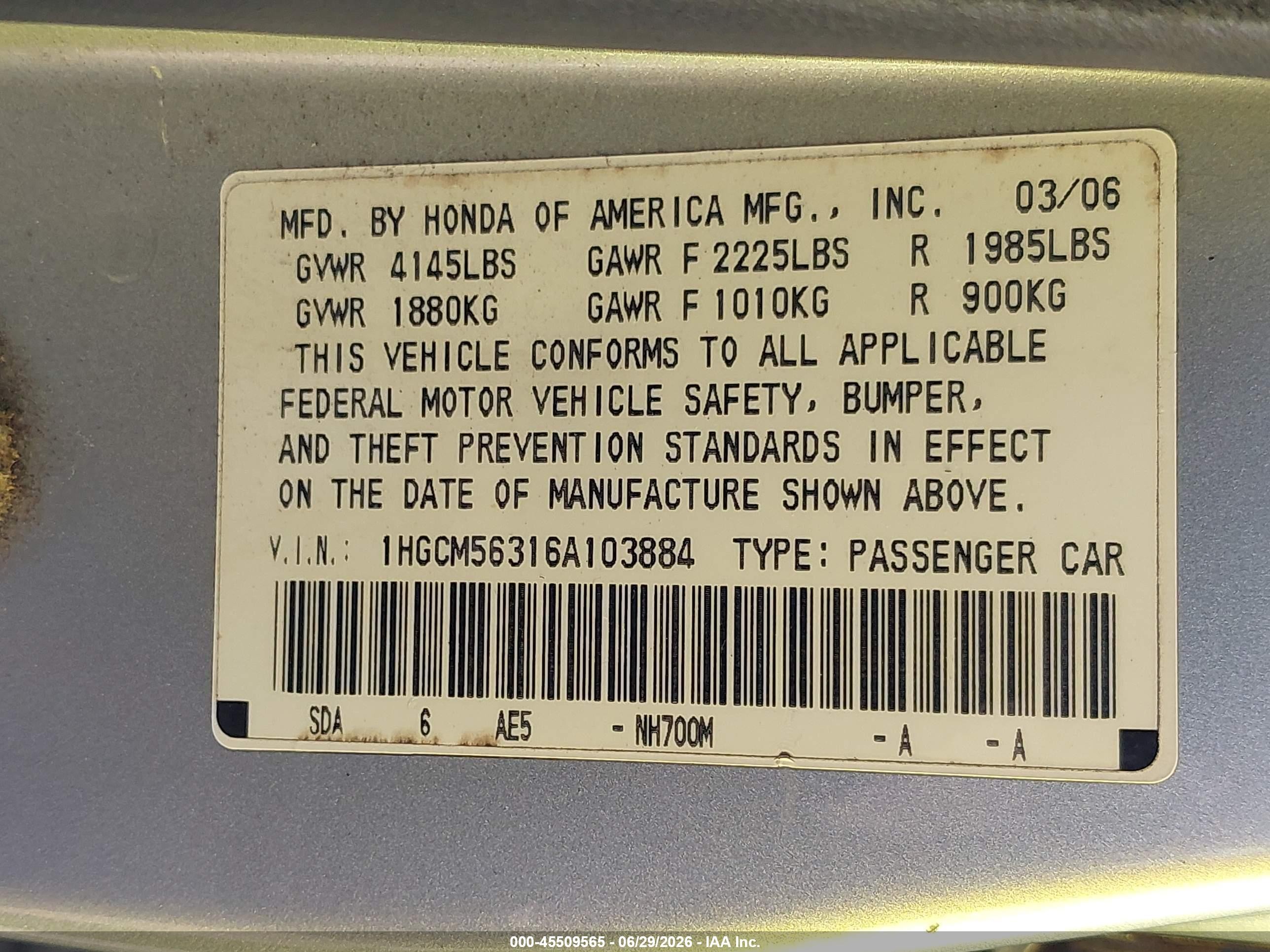 2006 Honda Accord 2.4 Se Silver vin: 1HGCM56316A103884