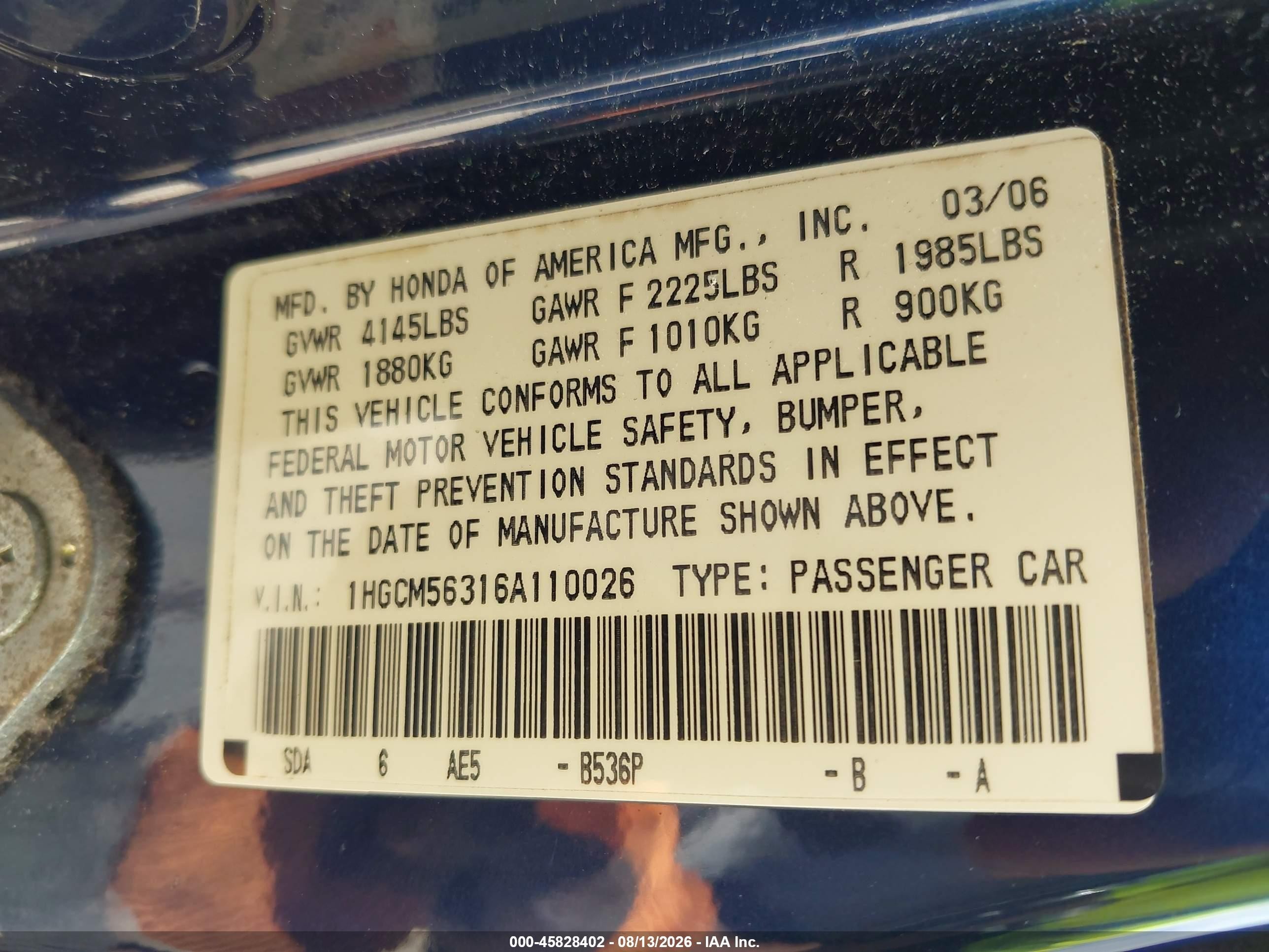 2006 Honda Accord 2.4 Se Blue vin: 1HGCM56316A110026