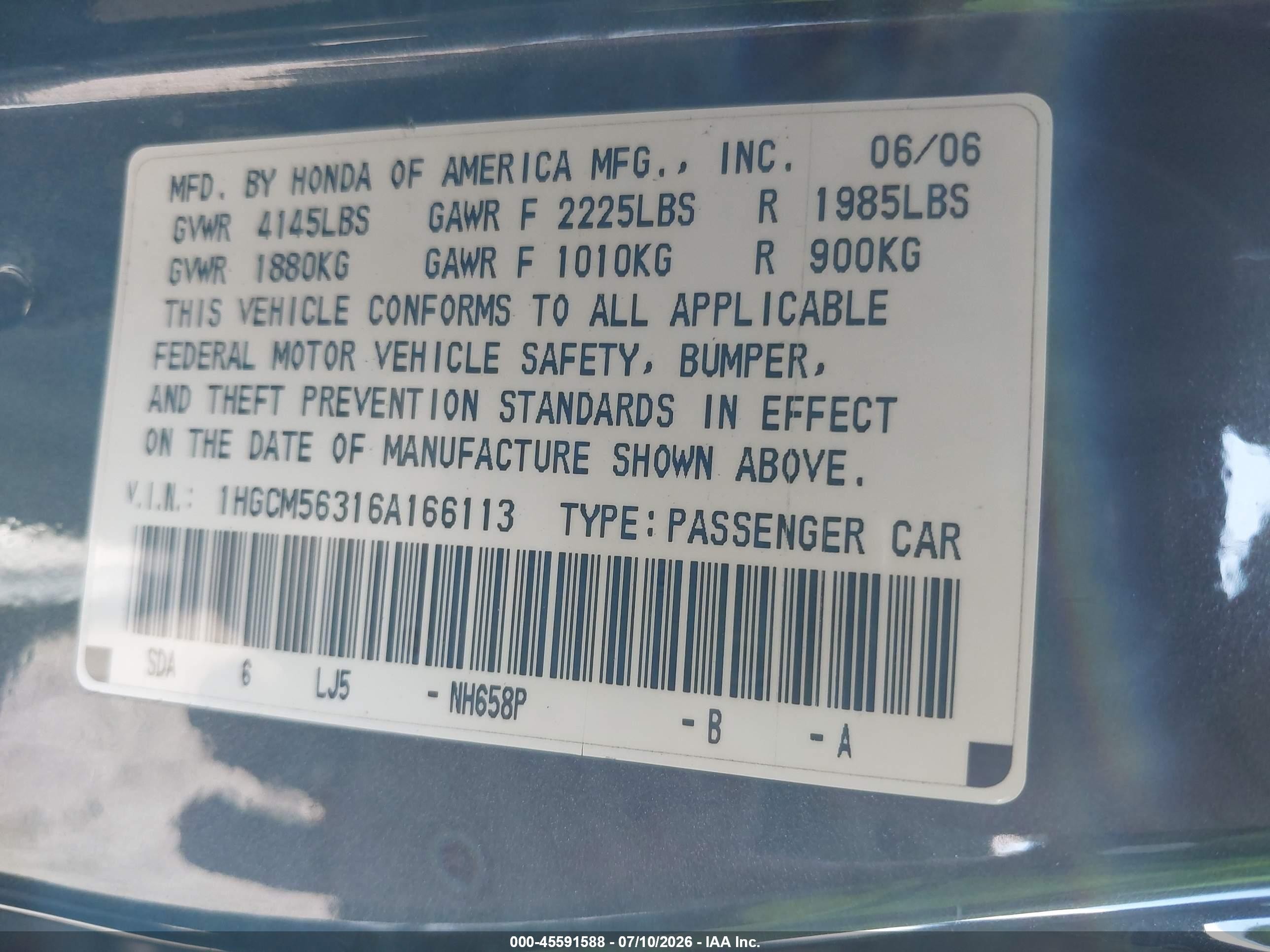 2006 Honda Accord 2.4 Se Серый vin: 1HGCM56316A166113