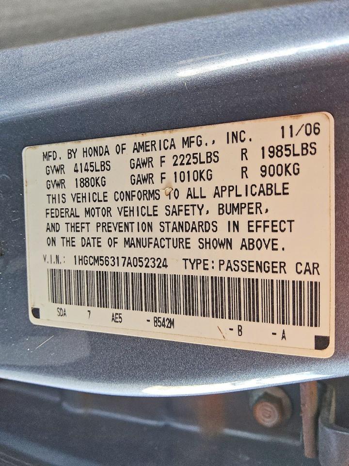 2007 Honda Accord Se Синий vin: 1HGCM56317A052324