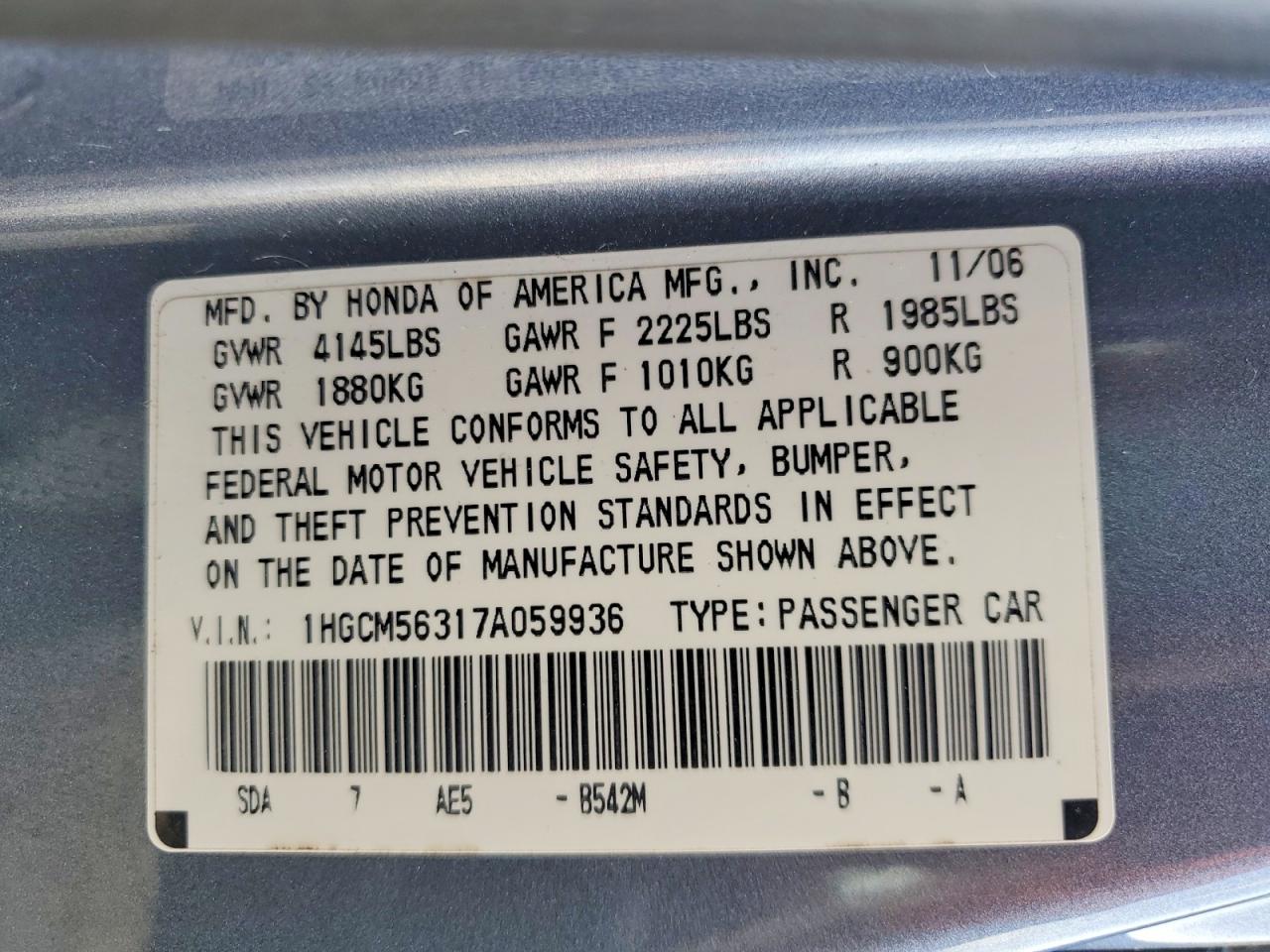 2007 Honda Accord Se Blue vin: 1HGCM56317A059936