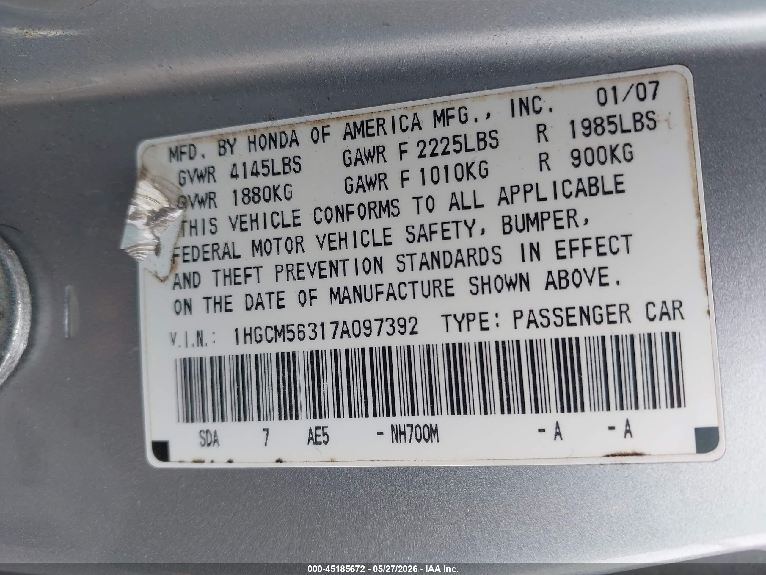 2007 Honda Accord 2.4 Se Silver vin: 1HGCM56317A097392