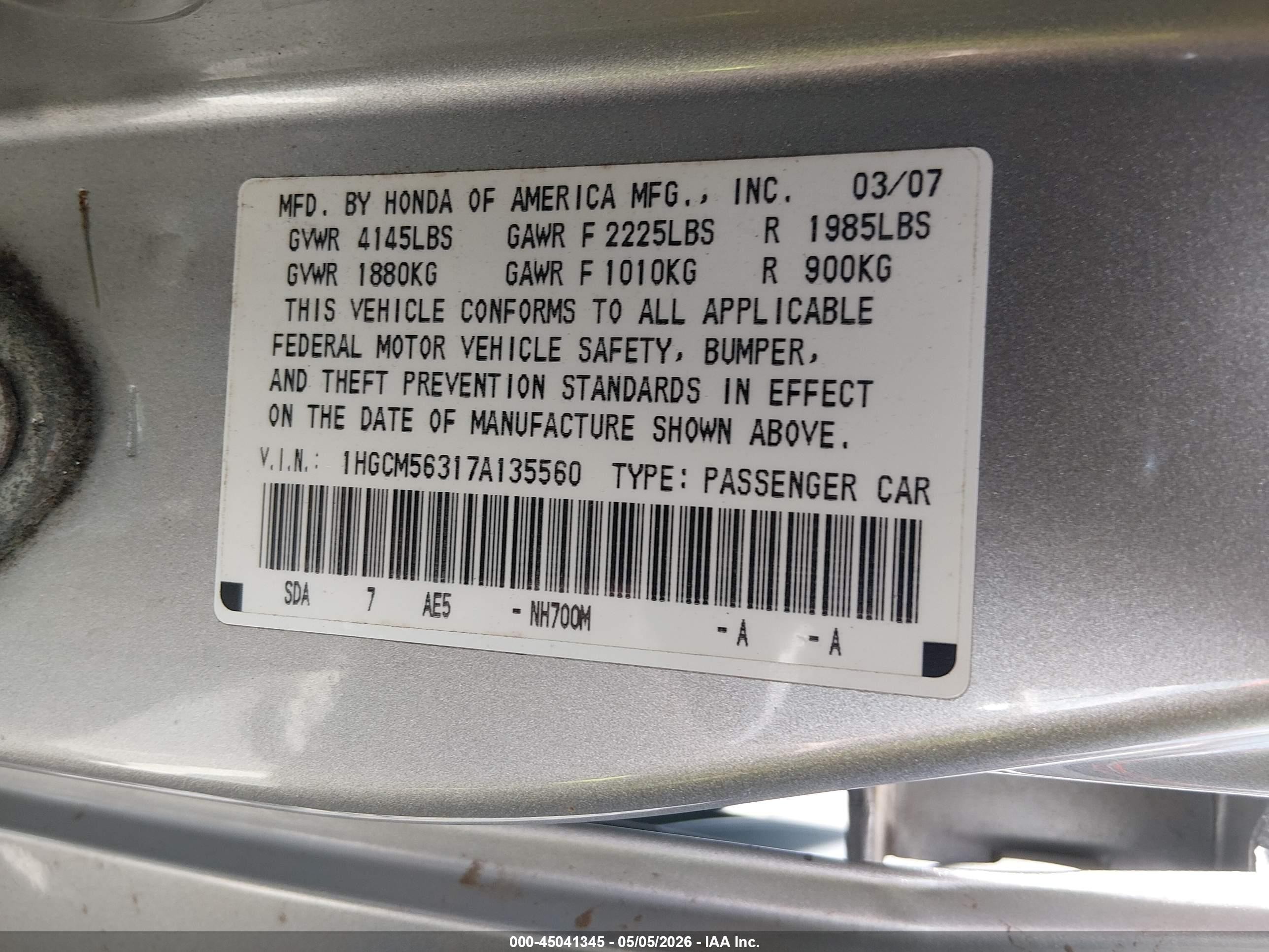2007 Honda Accord 2.4 Se Silver vin: 1HGCM56317A135560