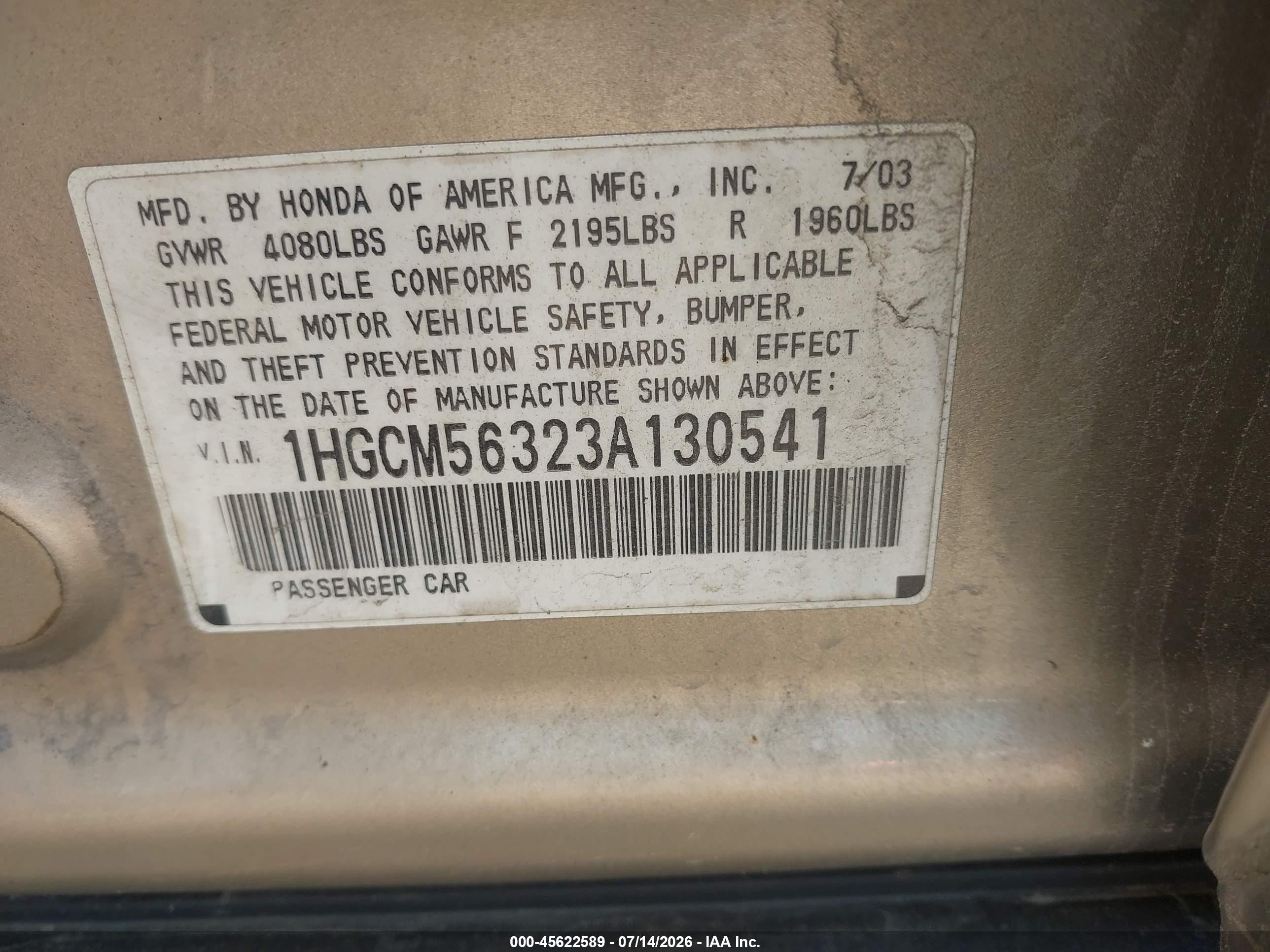 2003 Honda Accord Sdn Lx Gold vin: 1HGCM56323A130541