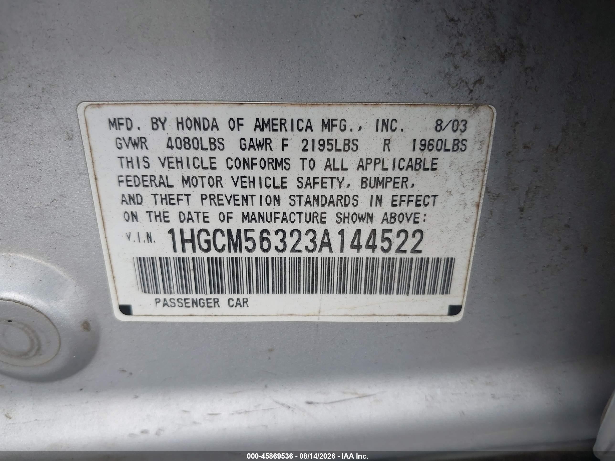2003 Honda Accord 2.4 Lx Silver vin: 1HGCM56323A144522