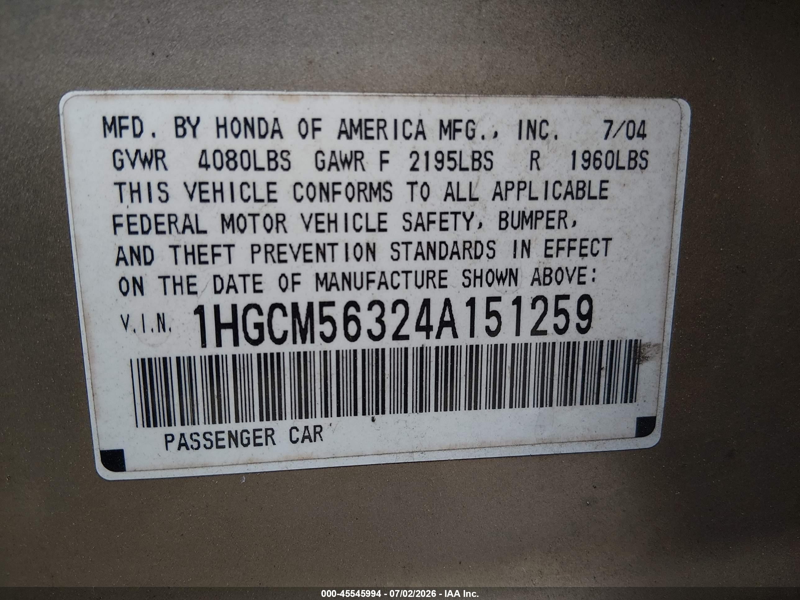 2004 Honda Accord 2.4 Lx Tan vin: 1HGCM56324A151259