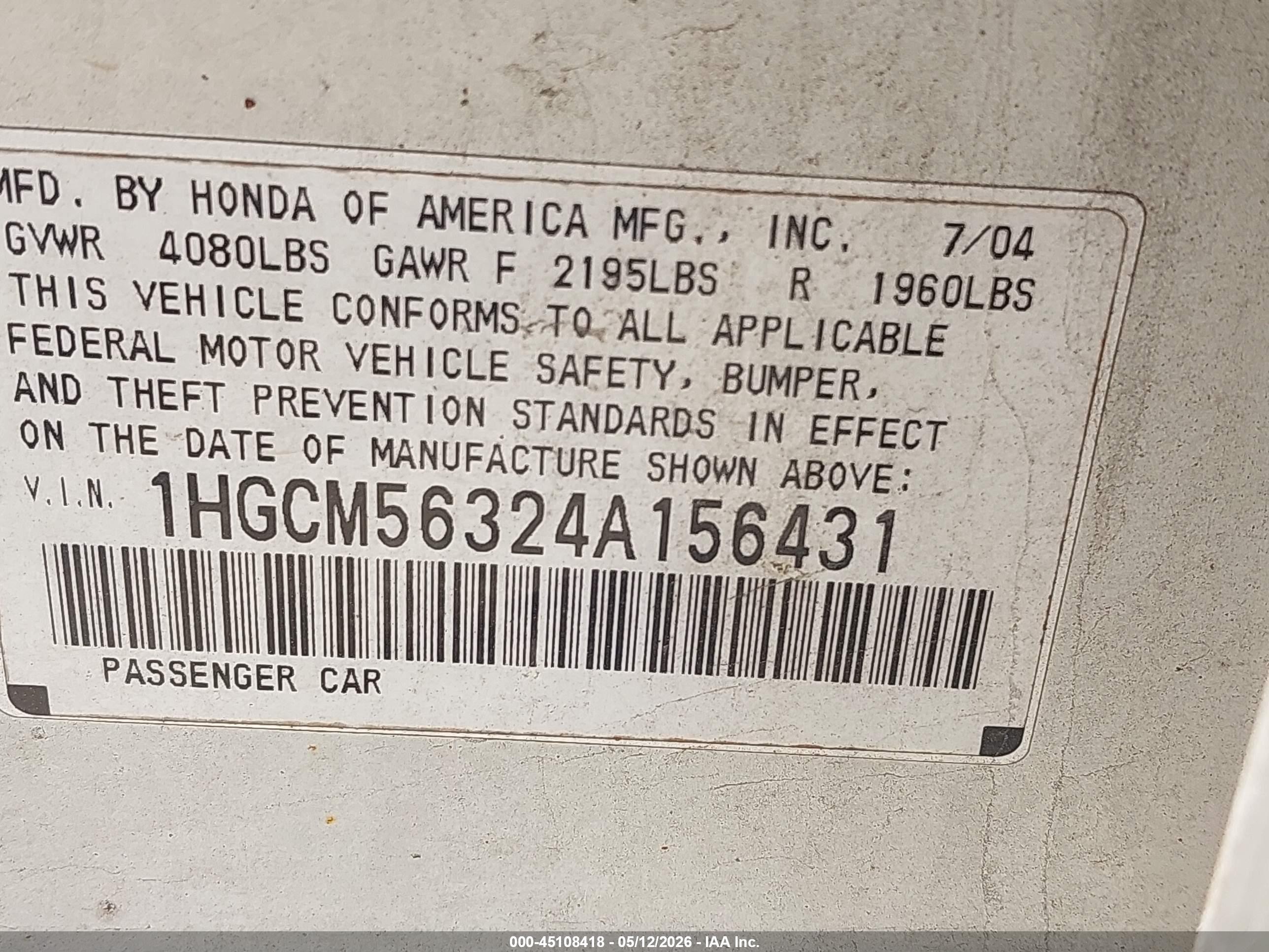 2004 Honda Accord 2.4 Lx White vin: 1HGCM56324A156431