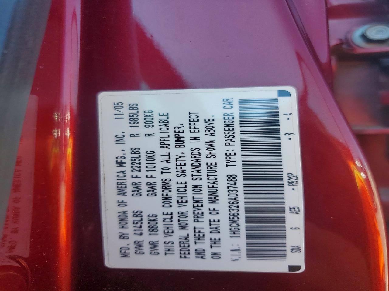 2006 Honda Accord Se Burgundy vin: 1HGCM56326A037488