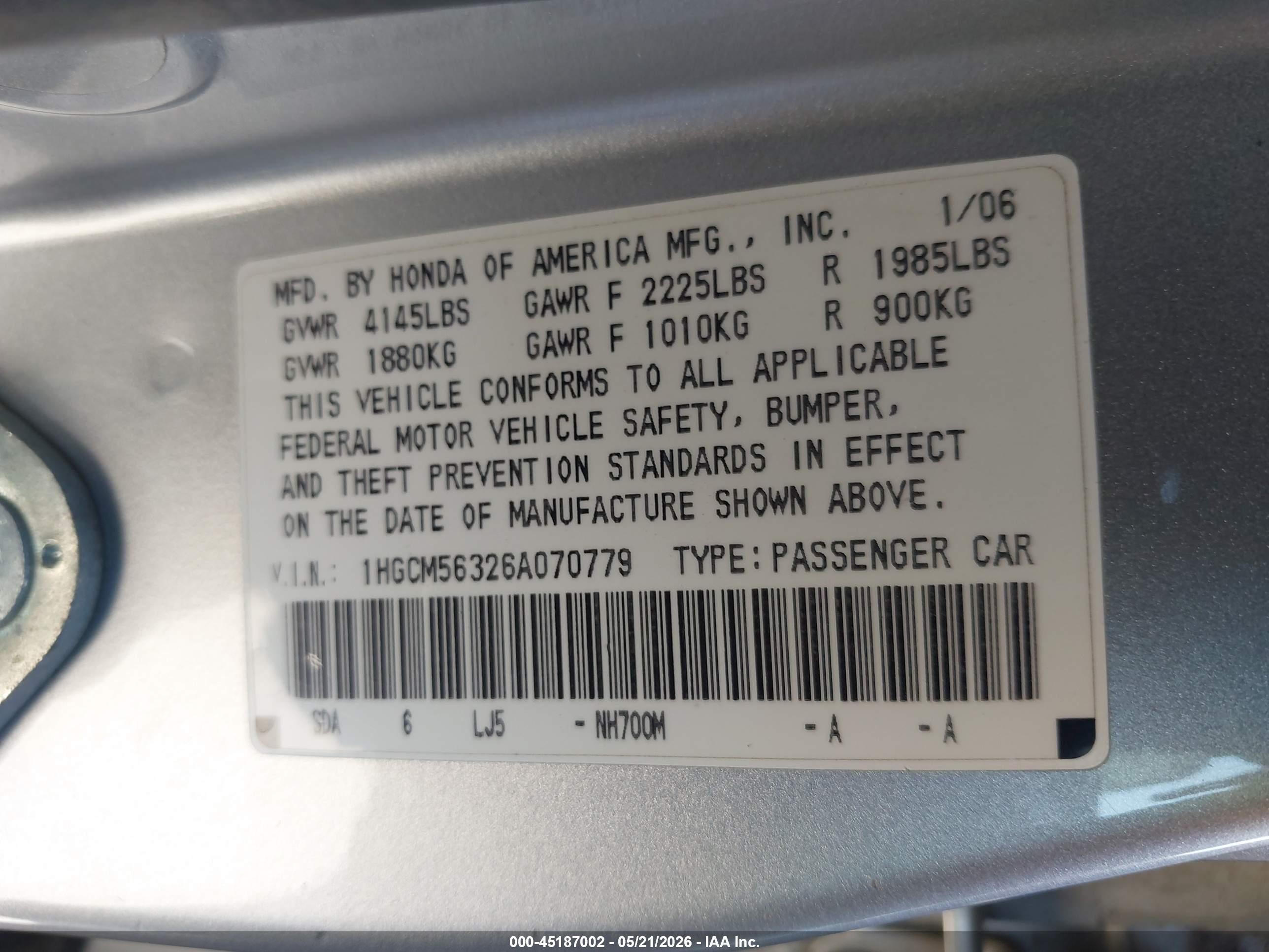 2006 Honda Accord 2.4 Se Silver vin: 1HGCM56326A070779