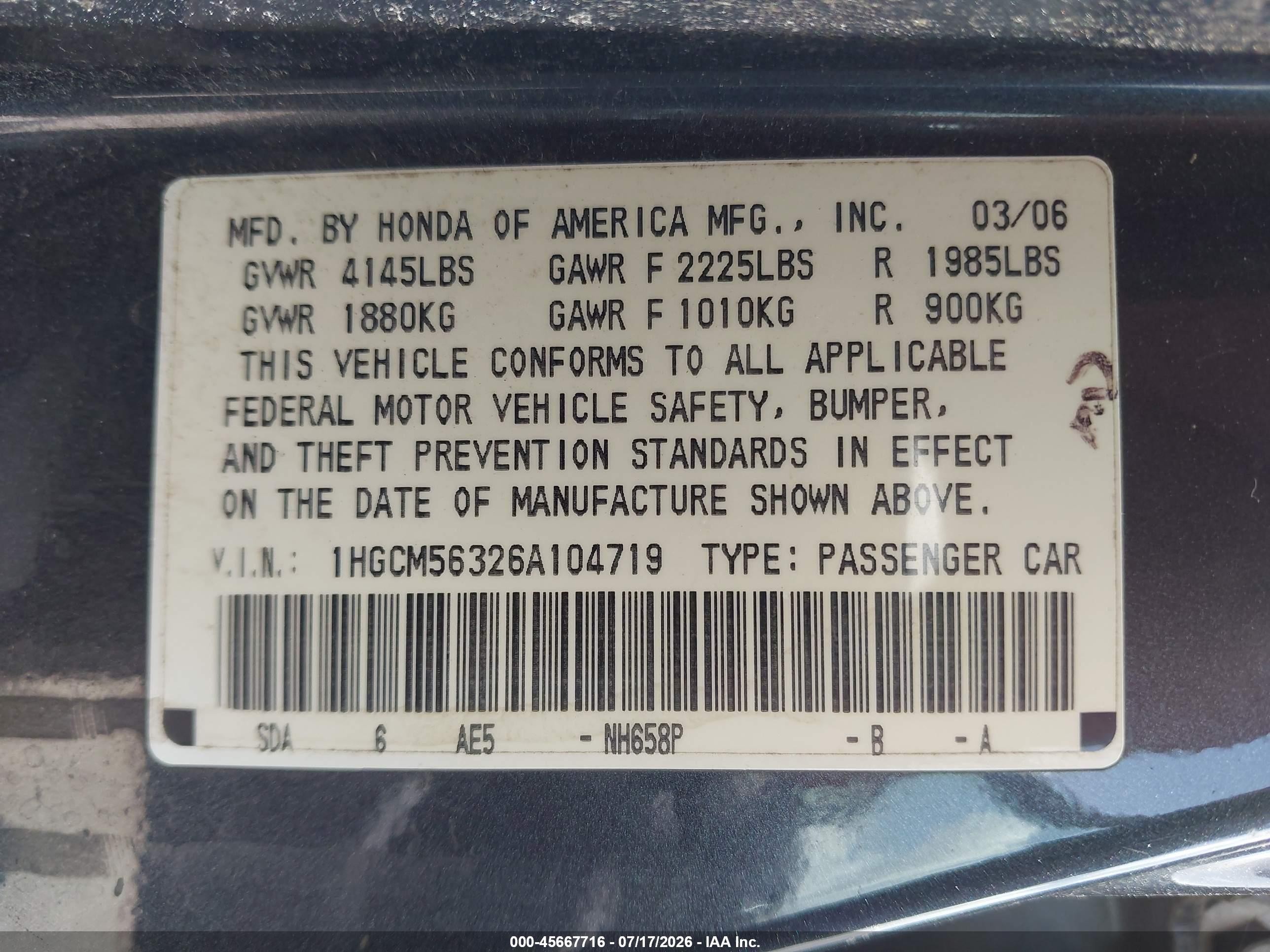 2006 Honda Accord 2.4 Se Gray vin: 1HGCM56326A104719