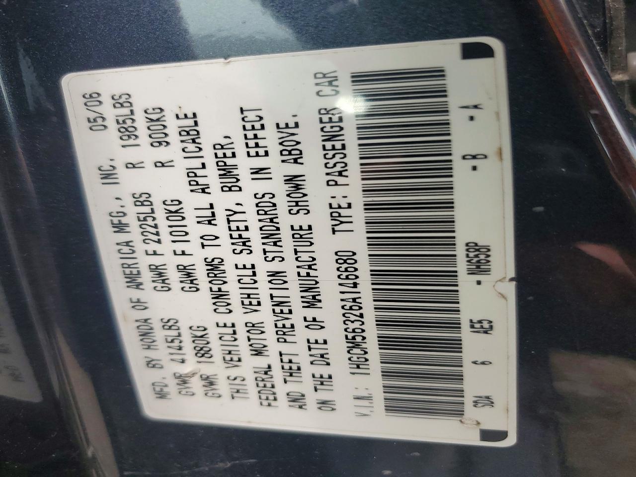 2006 Honda Accord Se Gray vin: 1HGCM56326A146680