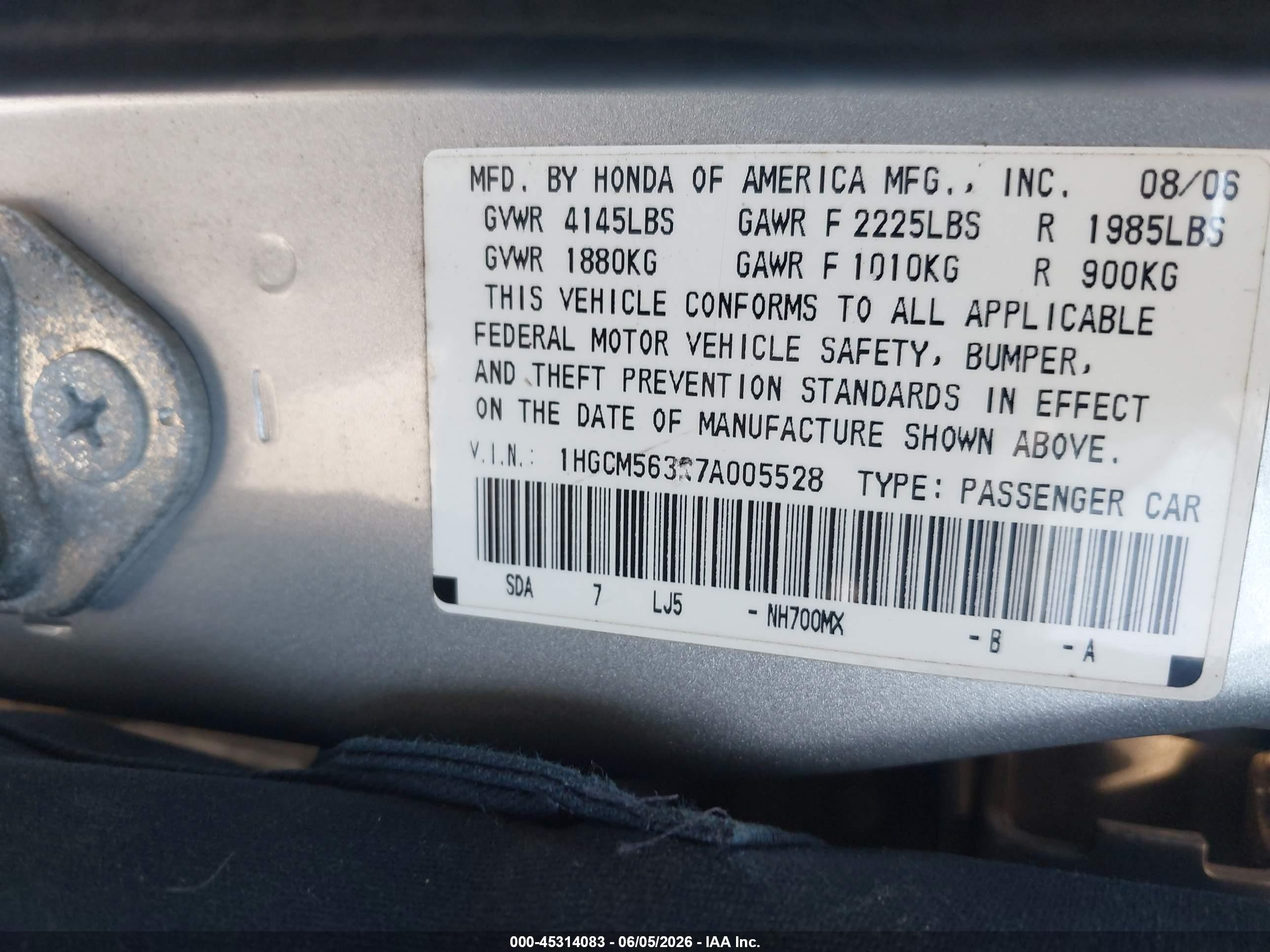 2007 Honda Accord 2.4 Se Silver vin: 1HGCM56327A005528