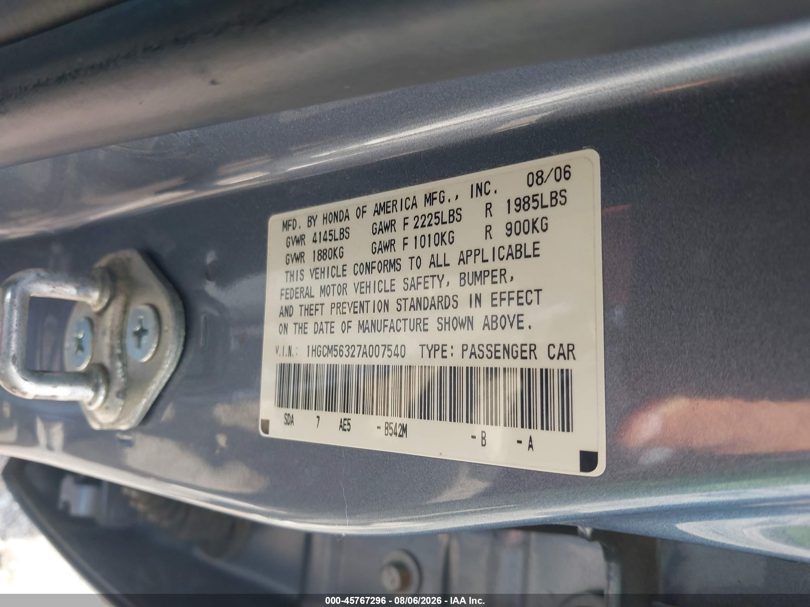 2007 Honda Accord 2.4 Se Blue vin: 1HGCM56327A007540