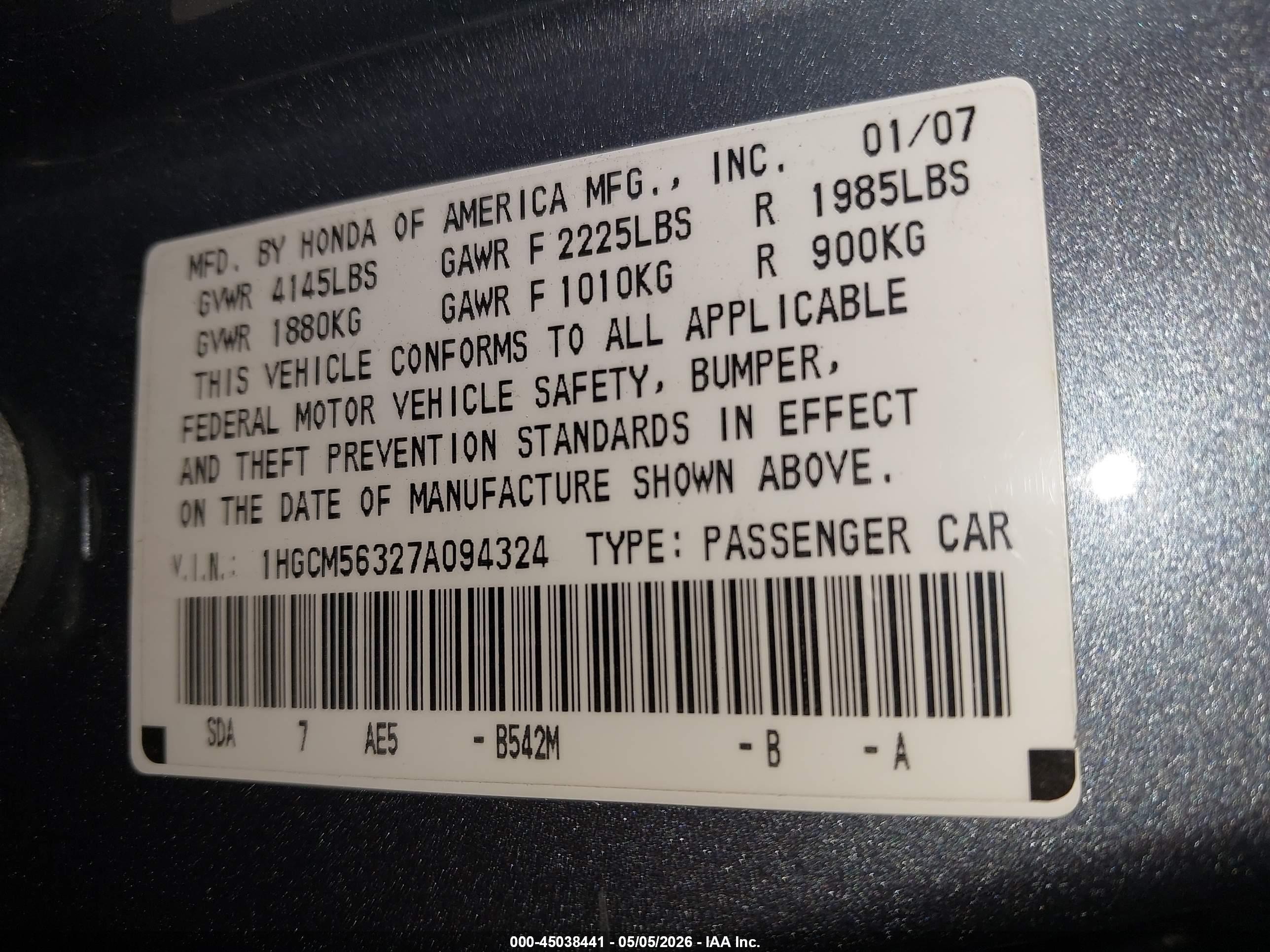2007 Honda Accord 2.4 Se Light Blue vin: 1HGCM56327A094324