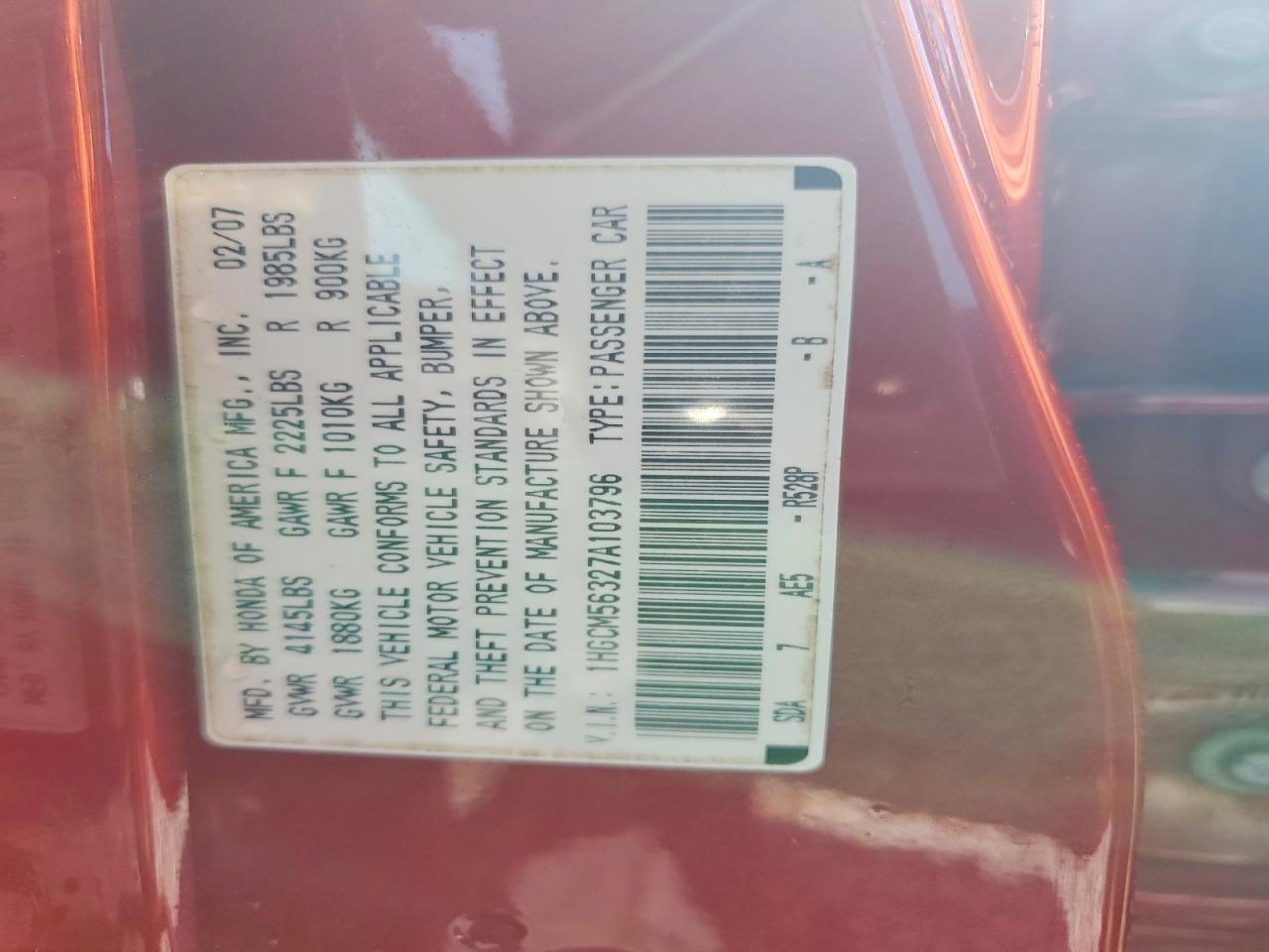 2007 Honda Accord Se Red vin: 1HGCM56327A103796