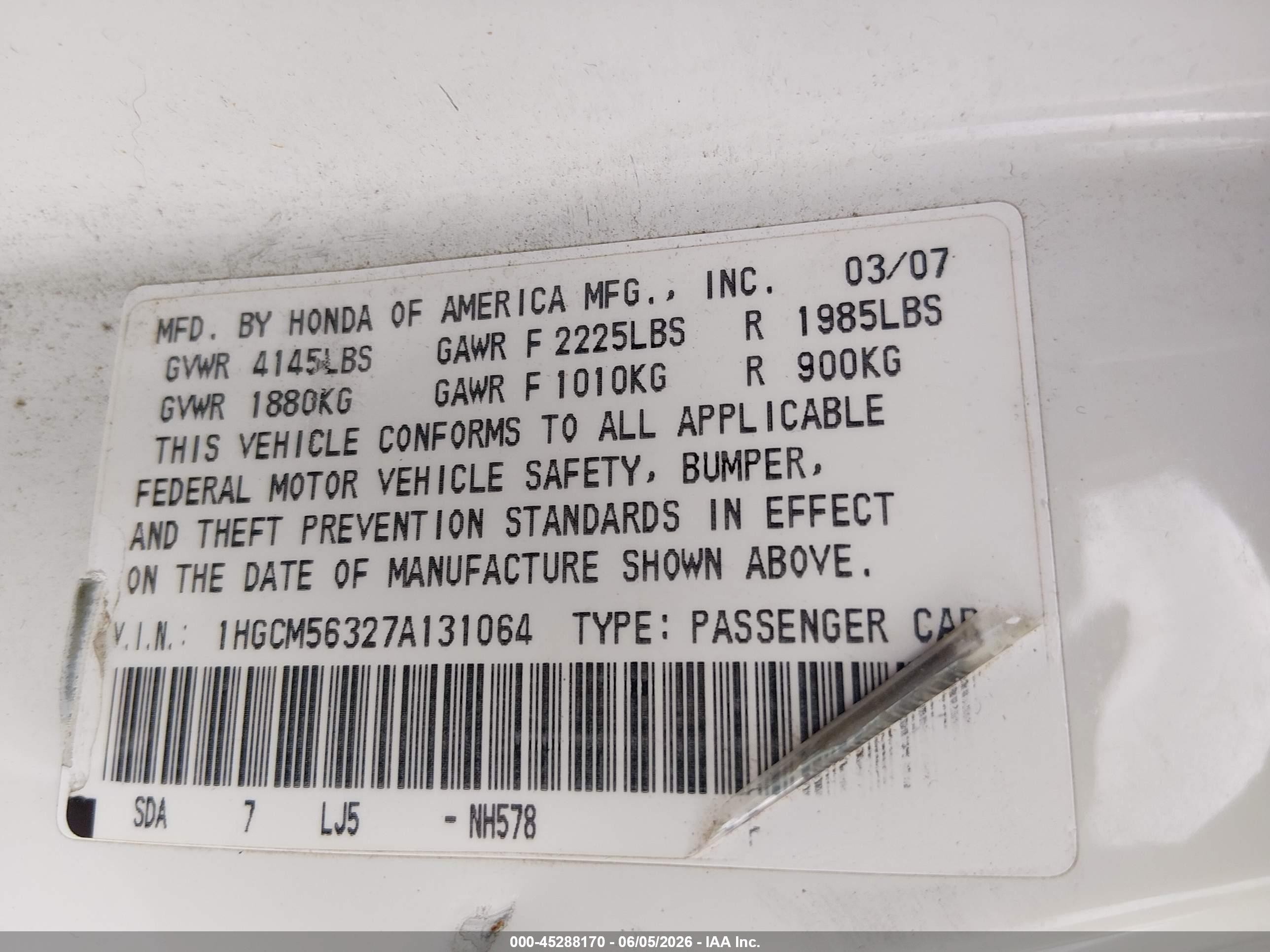 2007 Honda Accord 2.4 Se Белый vin: 1HGCM56327A131064