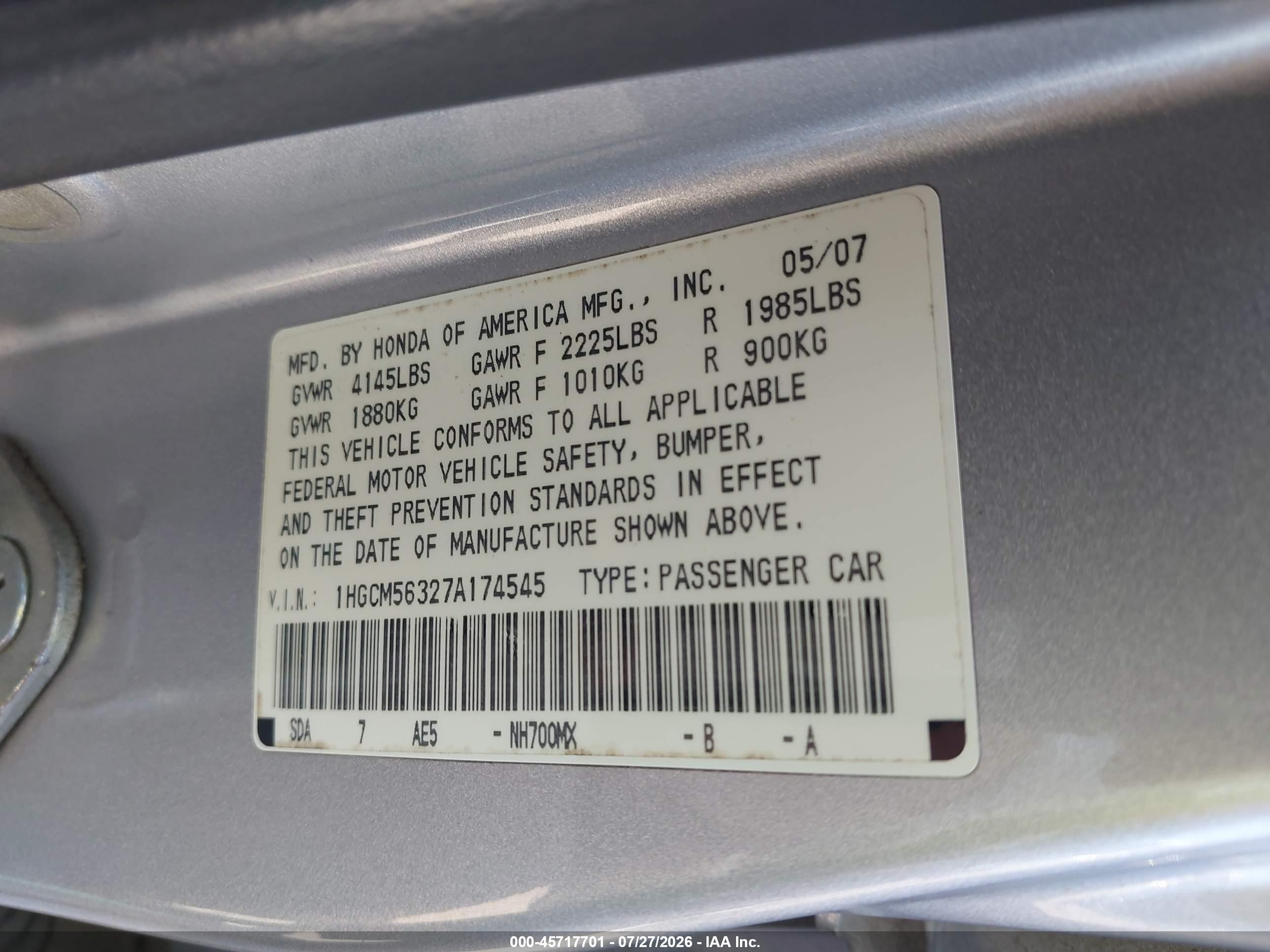 2007 Honda Accord 2.4 Se Silver vin: 1HGCM56327A174545