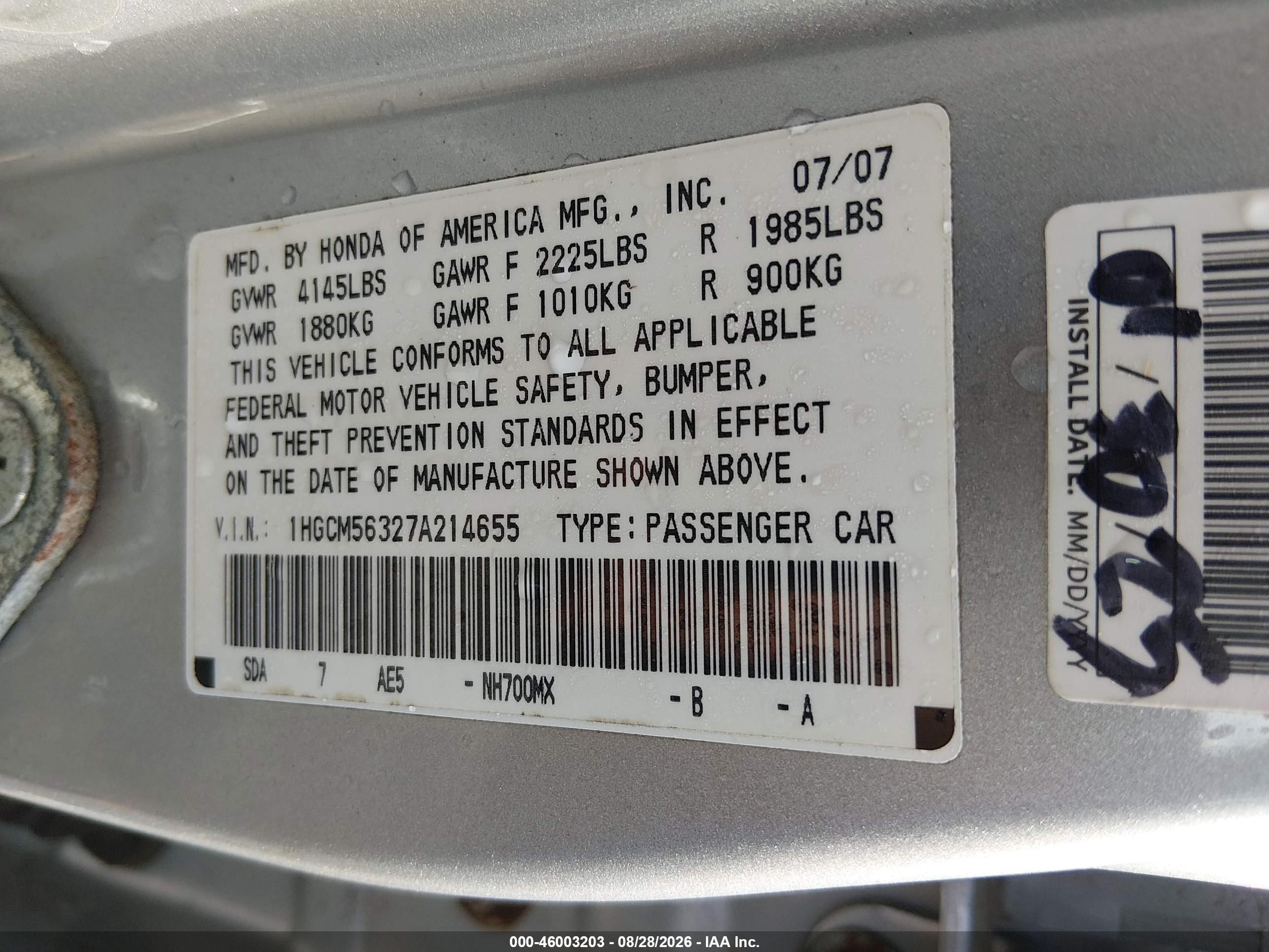 2007 Honda Accord 2.4 Se Silver vin: 1HGCM56327A214655