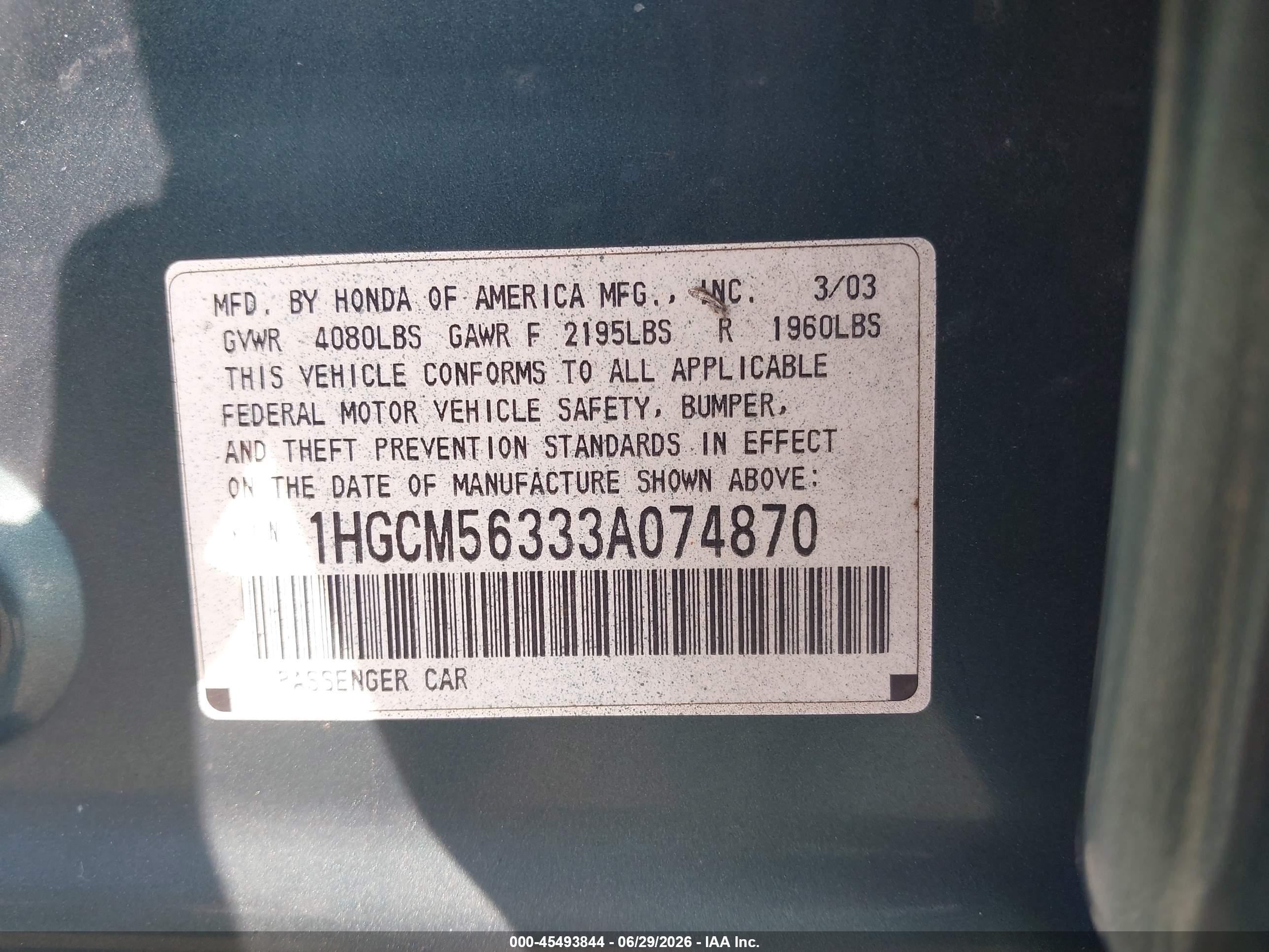 2003 Honda Accord 2.4 Lx Green vin: 1HGCM56333A074870