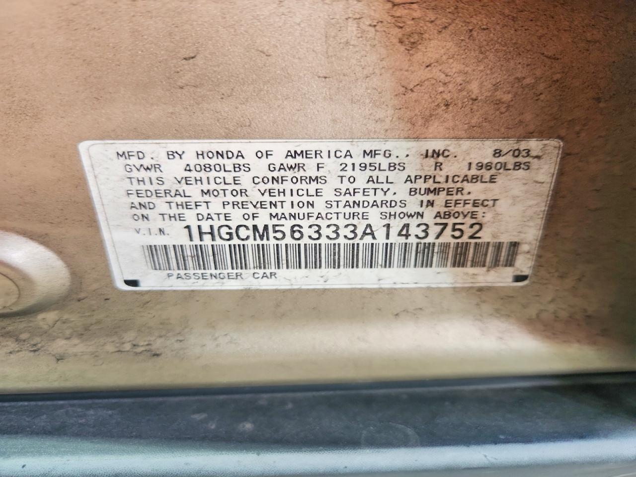 2003 Honda Accord Lx Tan vin: 1HGCM56333A143752