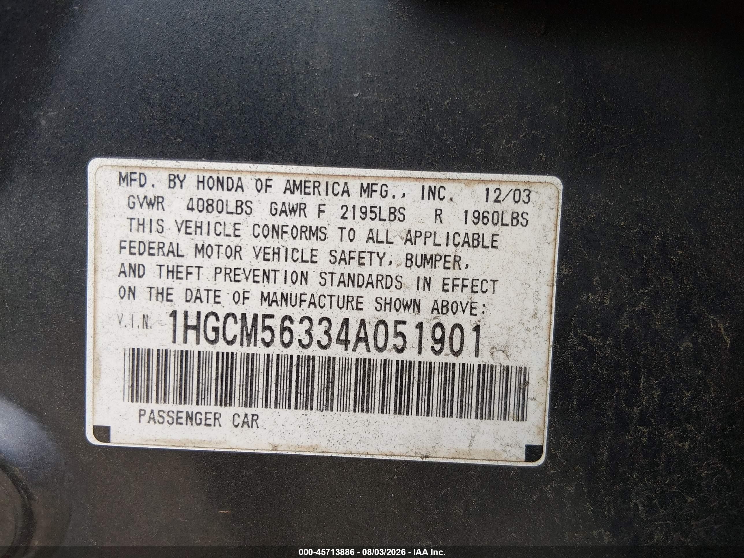 2004 Honda Accord 2.4 Lx Gray vin: 1HGCM56334A051901
