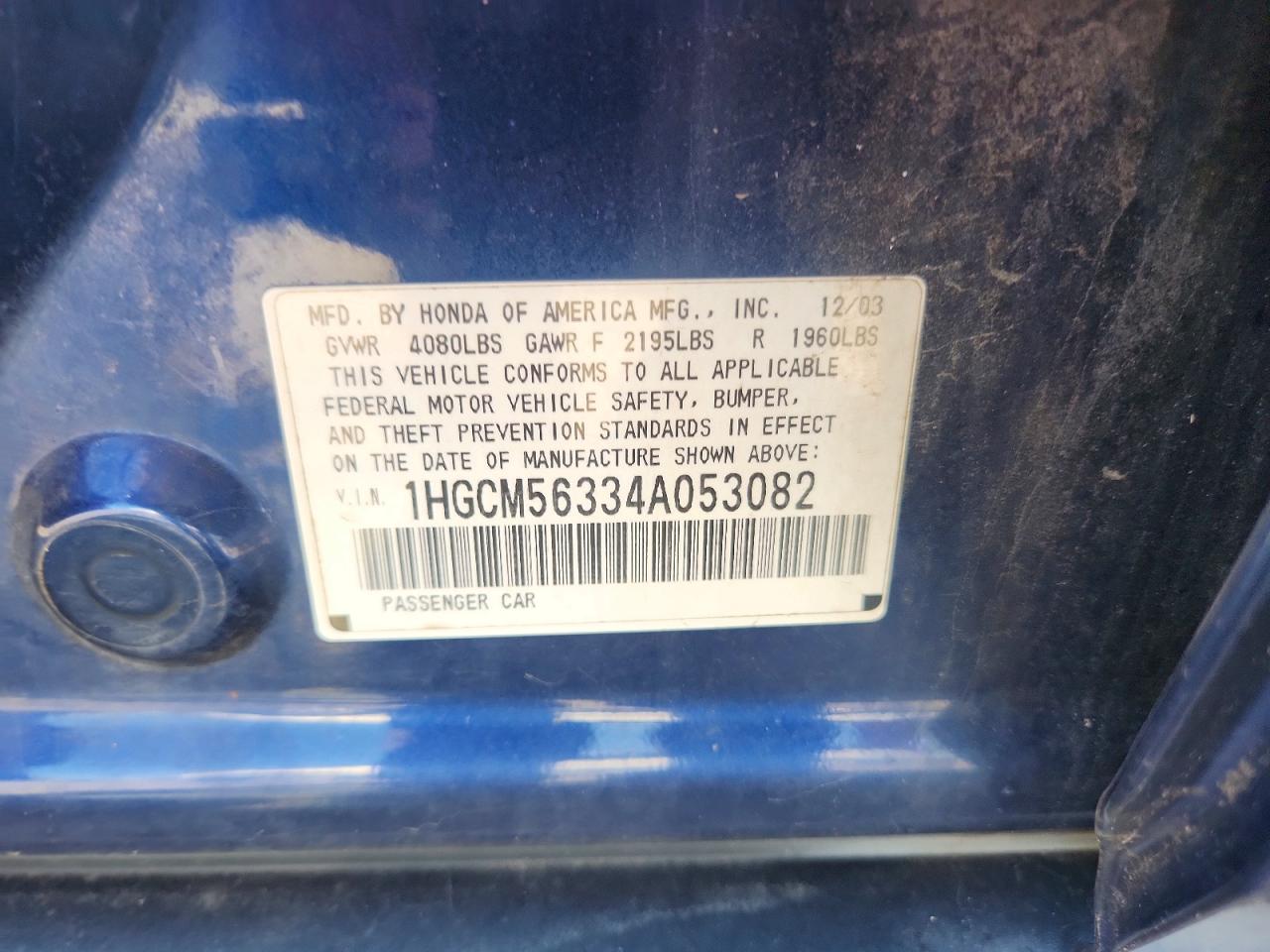 2004 Honda Accord Lx Blue vin: 1HGCM56334A053082