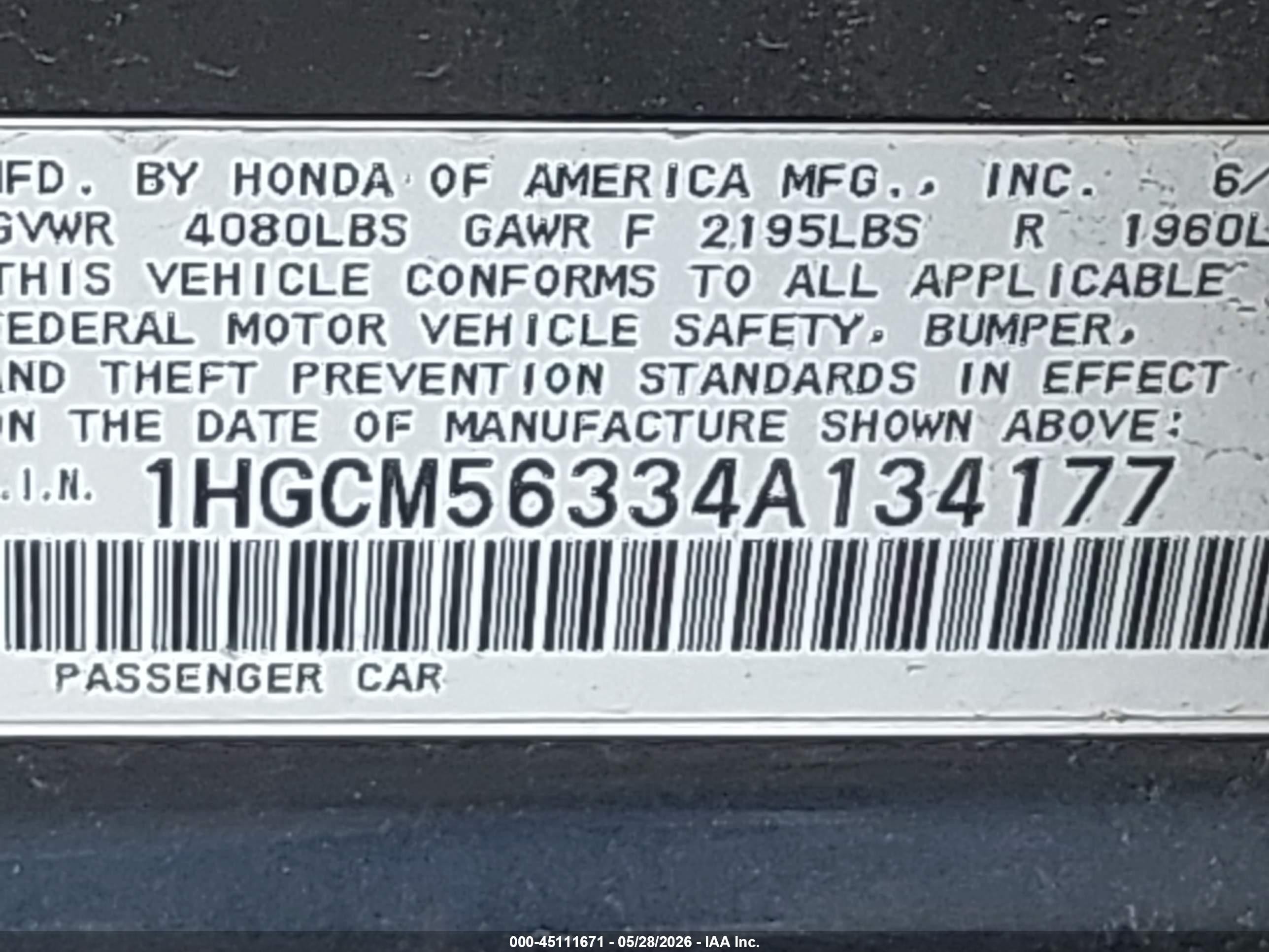 2004 Honda Accord 2.4 Lx Gray vin: 1HGCM56334A134177
