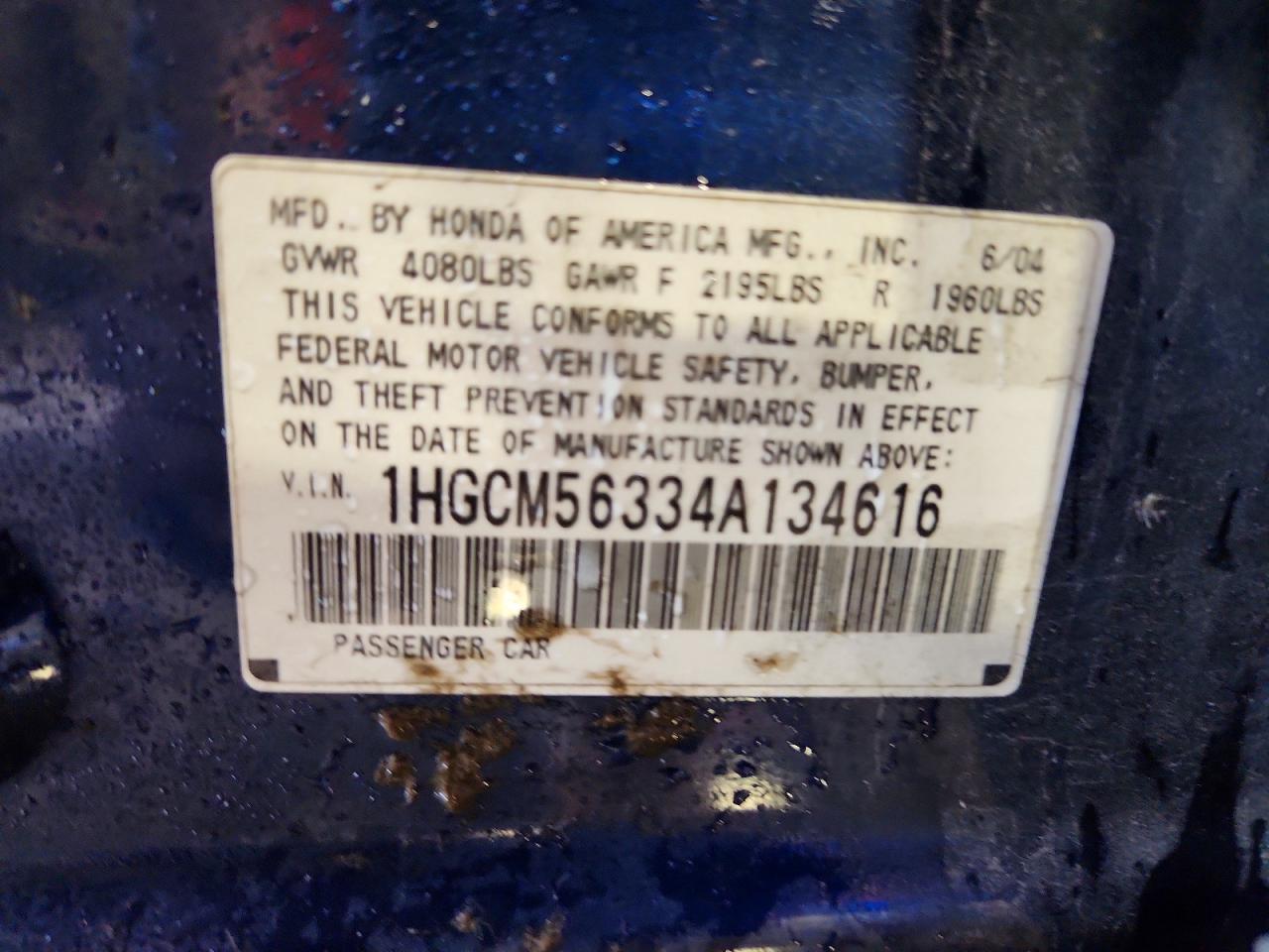2004 Honda Accord Lx Blue vin: 1HGCM56334A134616