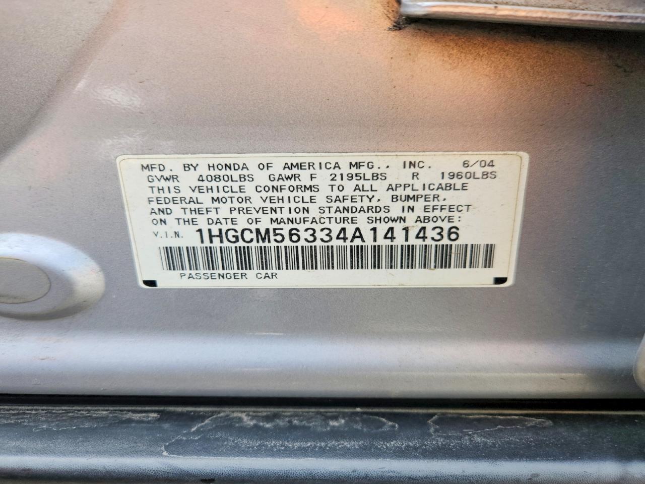 2004 Honda Accord Lx Серебряный vin: 1HGCM56334A141436