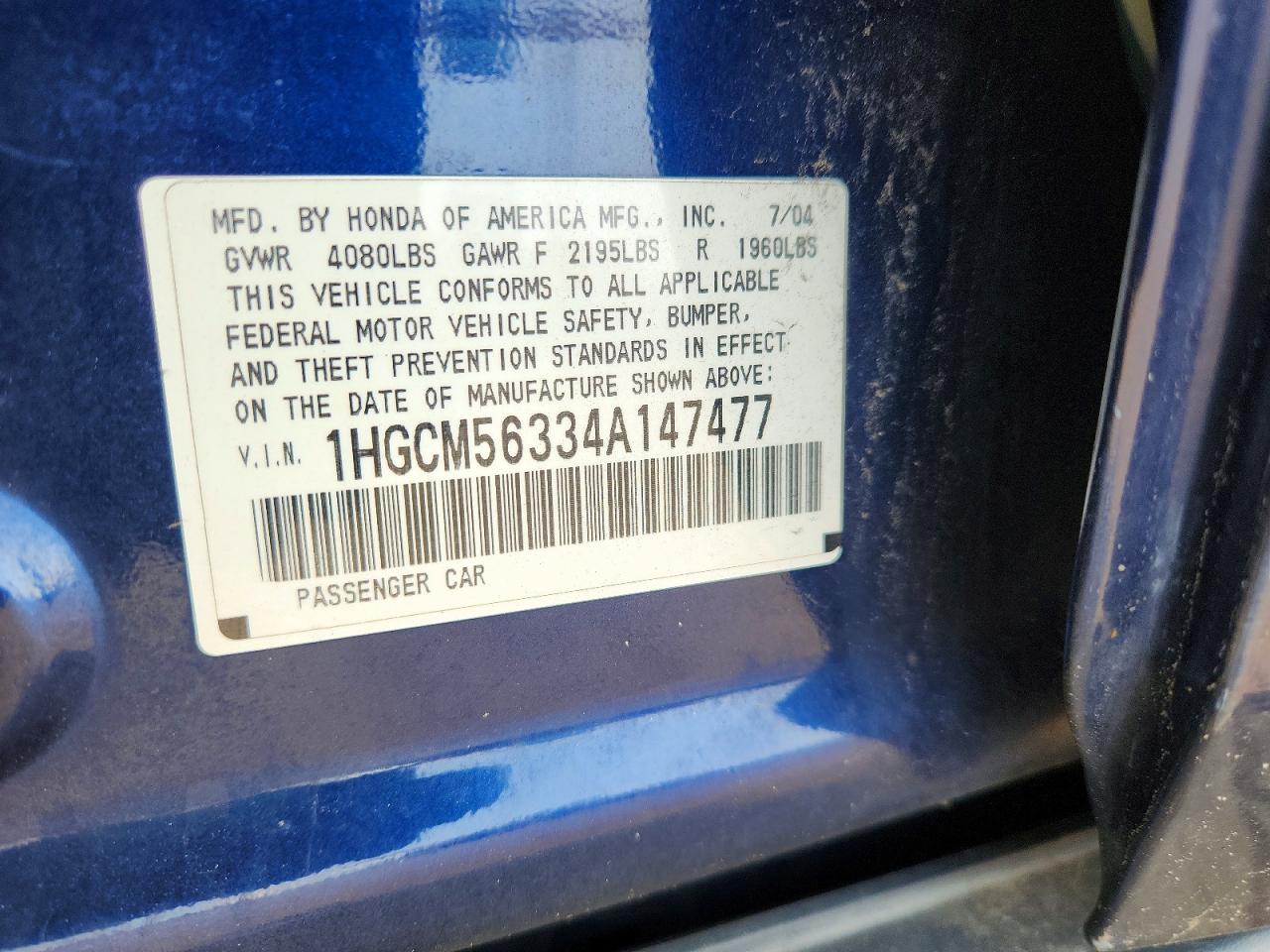 2004 Honda Accord Lx Blue vin: 1HGCM56334A147477