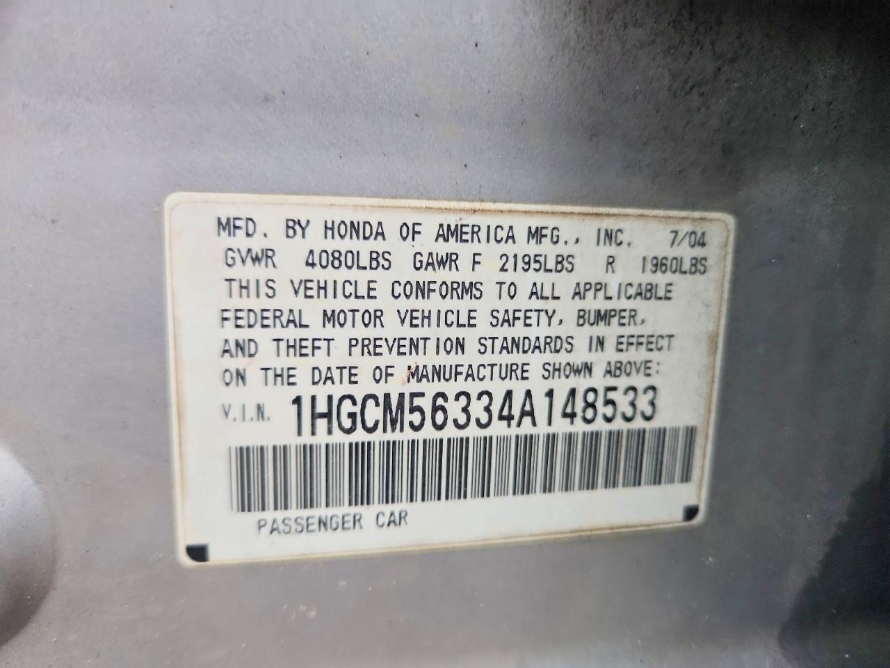 2004 Honda Accord Lx Silver vin: 1HGCM56334A148533